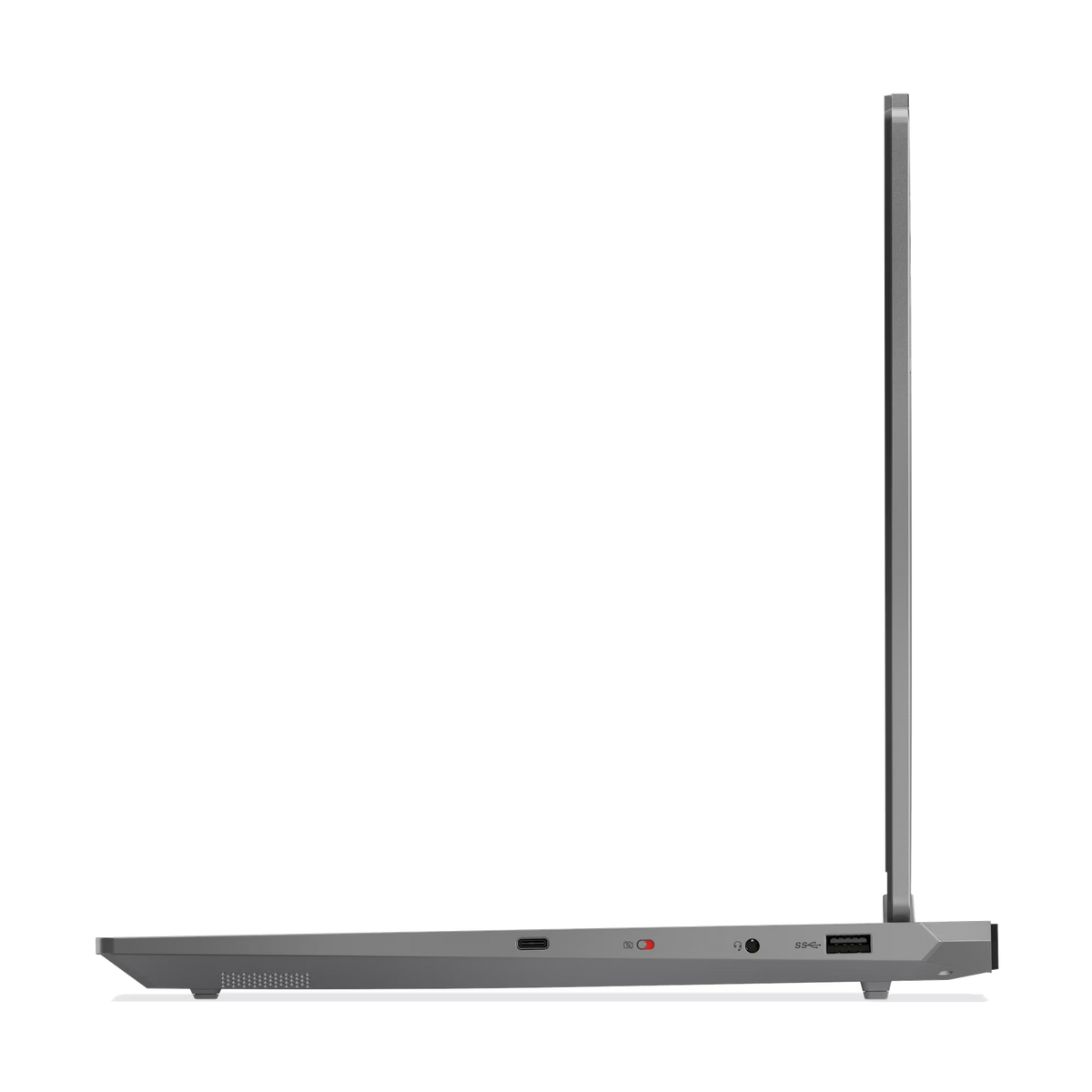 Widok z boku szarego laptopa. Ekran jest otwarty. Porty i otwory wentylacyjne są widoczne z boku. Czarne tło.