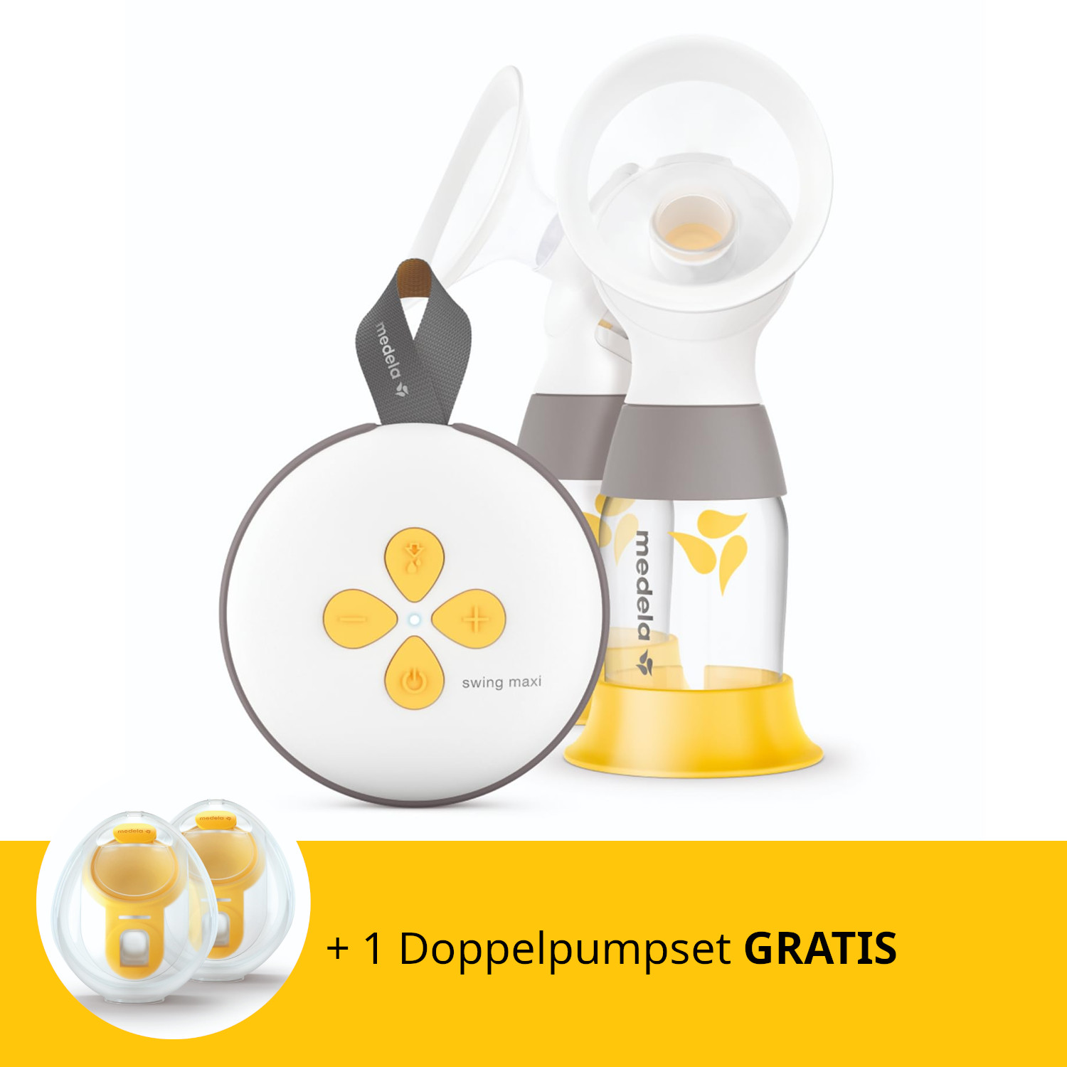 Ein Medela Swing Maxi Brustpumpen-Set. Es enthält die Pumpe, Flaschen und ein zusätzliches Doppelpumpen-Set. Gelb- und Weißtöne dominieren.