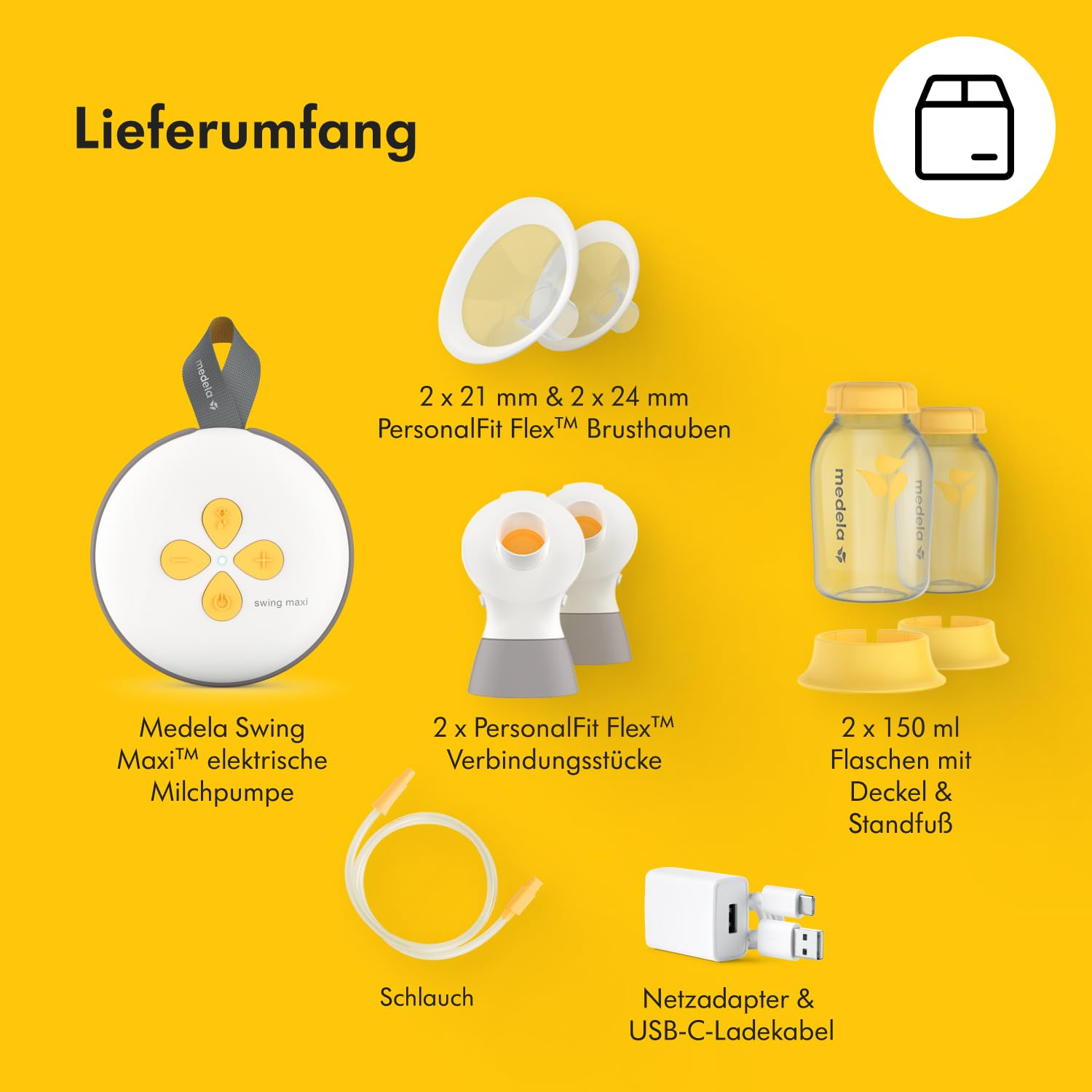 Ein Bild, das die Komponenten einer elektrischen Brustpumpe Medela Swing Maxi zeigt, darunter Flaschen, Schläuche und Ladegerät.