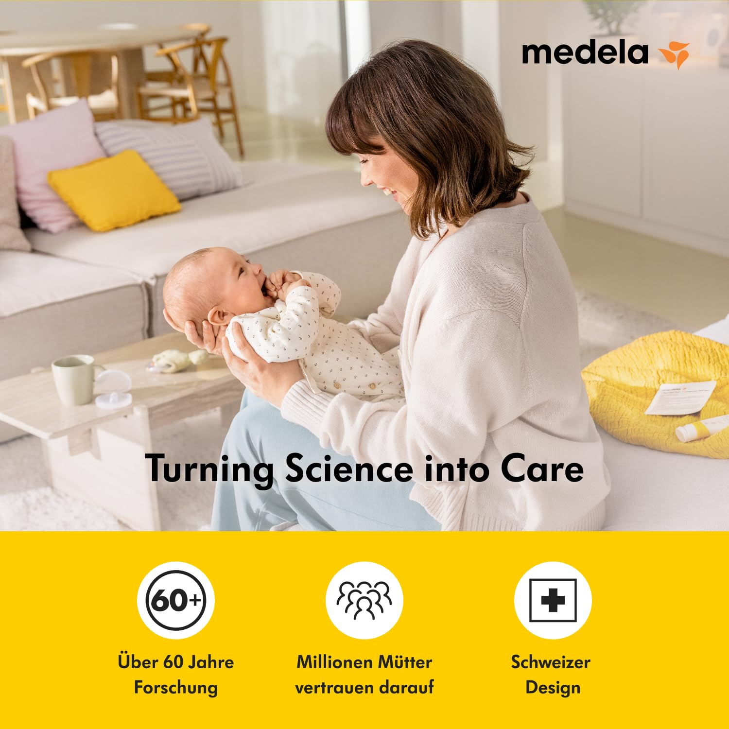 Eine Frau hält ein Baby und lächelt. Das Medela-Logo ist oben. Der Text lautet 'Turning Science into Care' und wirbt für Forschung, Vertrauen und Design.
