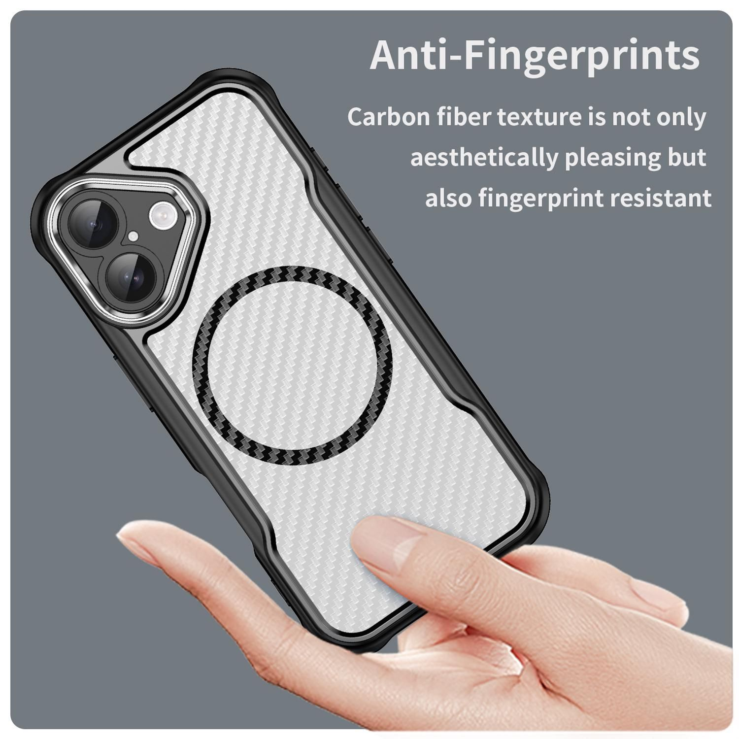 Eine Hand hält eine Handyhülle mit Kohlefasermuster. Text: Anti-Fingerabdrücke, fingerabdruckresistent.