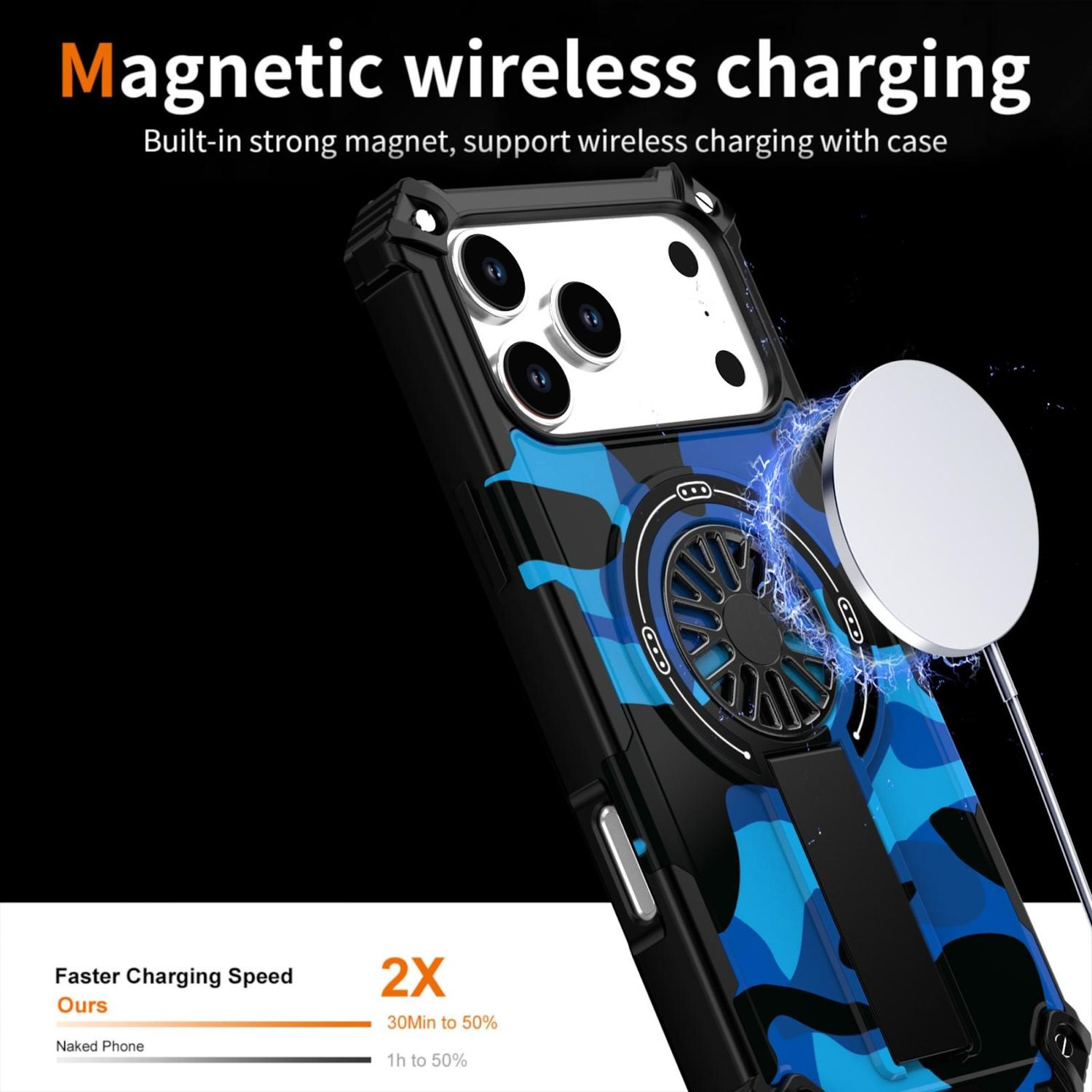 Ein Telefon mit blau-getarnter Hülle wird kabellos geladen. Eine weiße Ladescheibe ist befestigt. Text: Magnetisches kabelloses Laden.