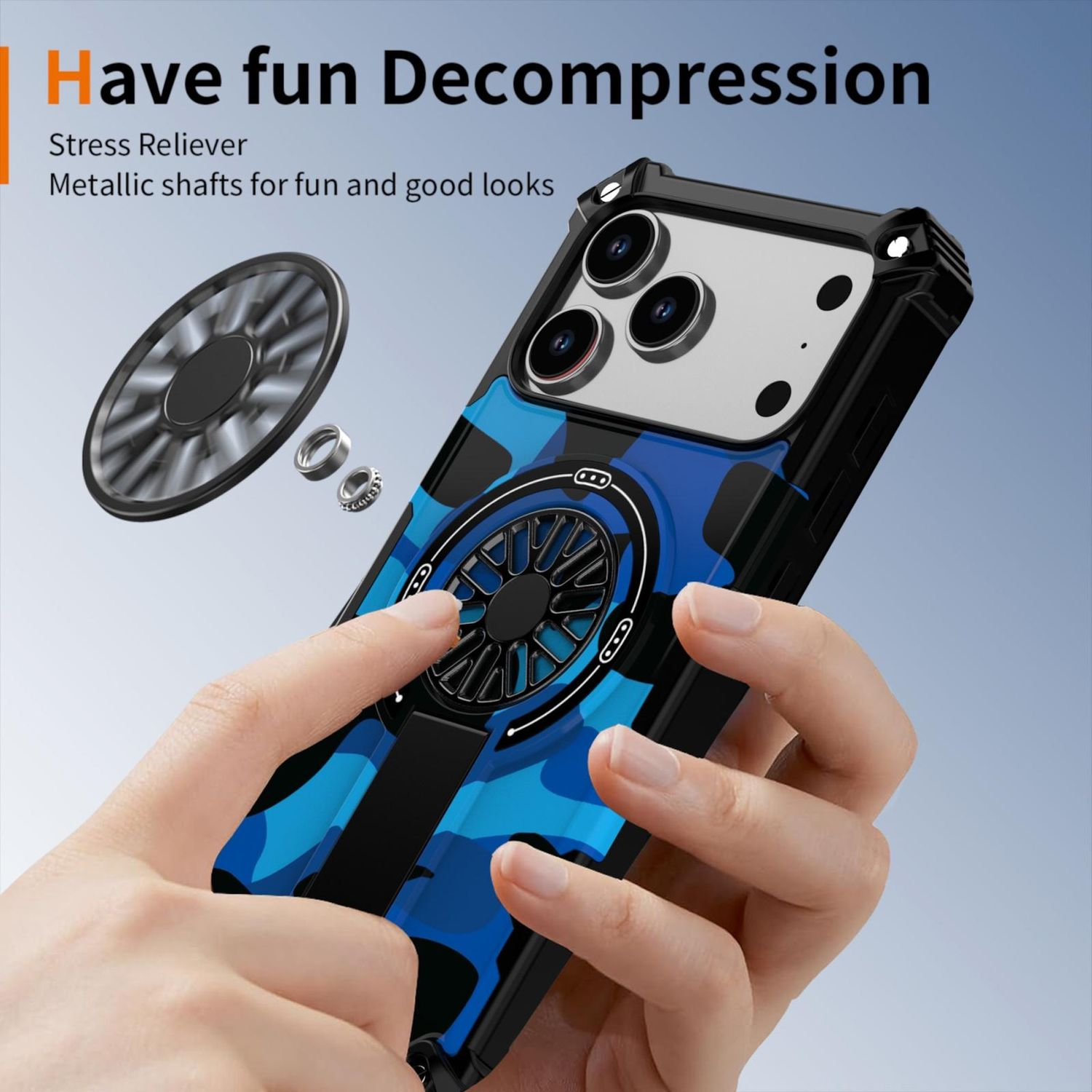 Hand hält eine Handyhülle mit Fidget-Spinner-Design. Die Hülle ist blau getarnt. Ein Spinner schwebt über dem Telefon.