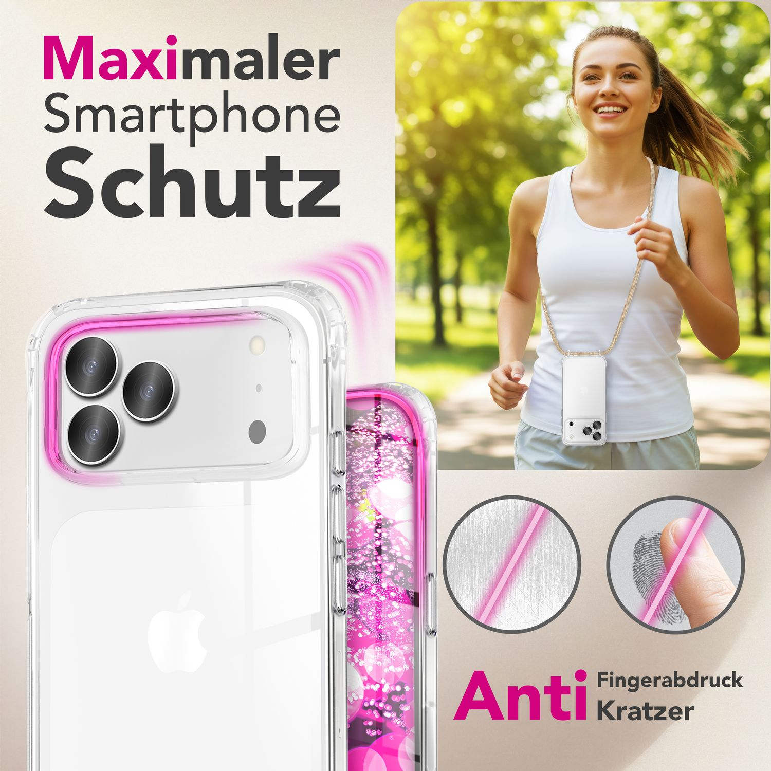 Frau rennt mit Handyhülle. Hülle hat pinke Akzente, Anti-Kratz- und Fingerabdruckschutz. Deutscher Text: 'Maximaler Smartphone Schutz'.