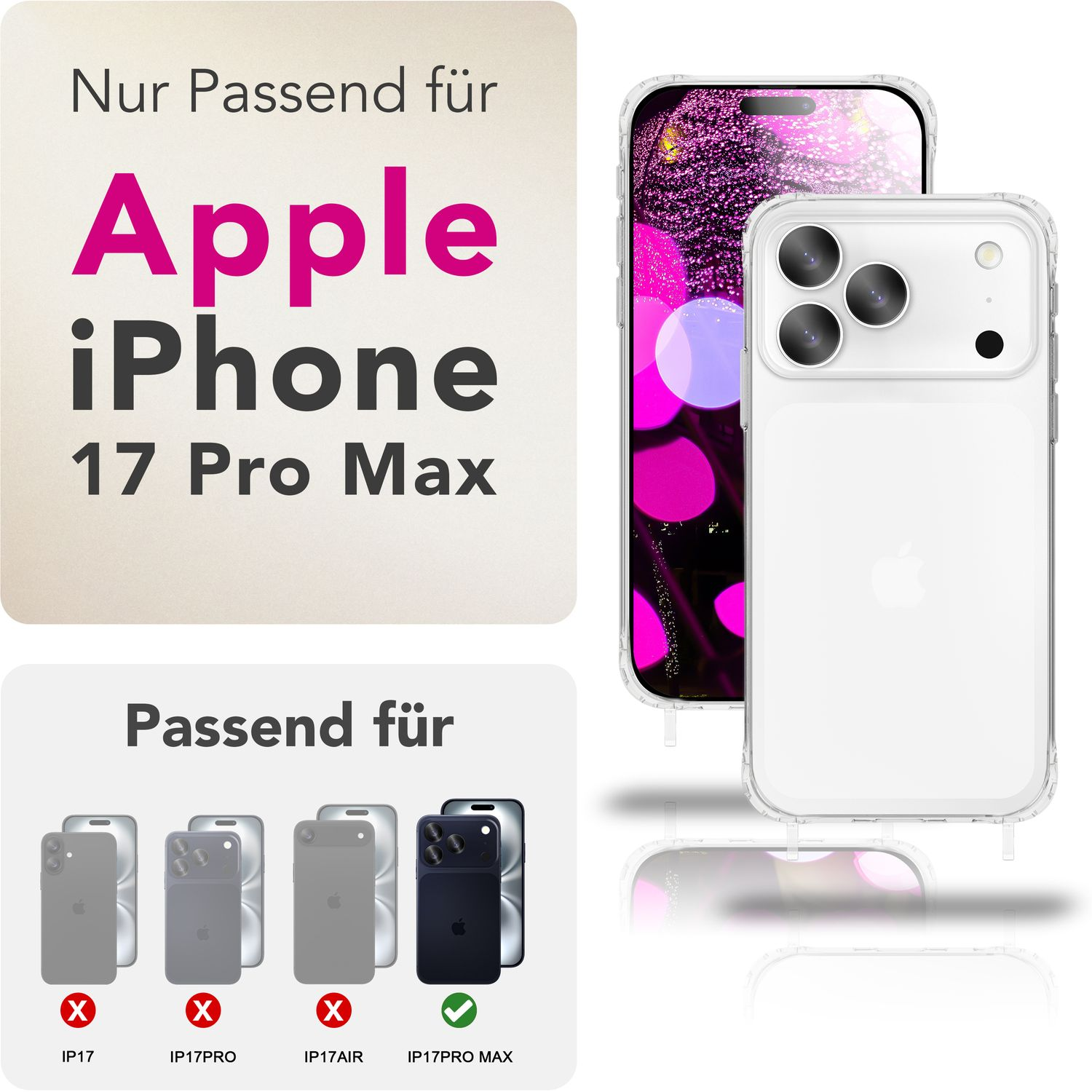 Transparente iPhone 17 Pro Max Hülle. Text: Apple iPhone 17 Pro Max. Kompatibilitätstabelle mit roten X für andere Modelle, grünes Häkchen.
