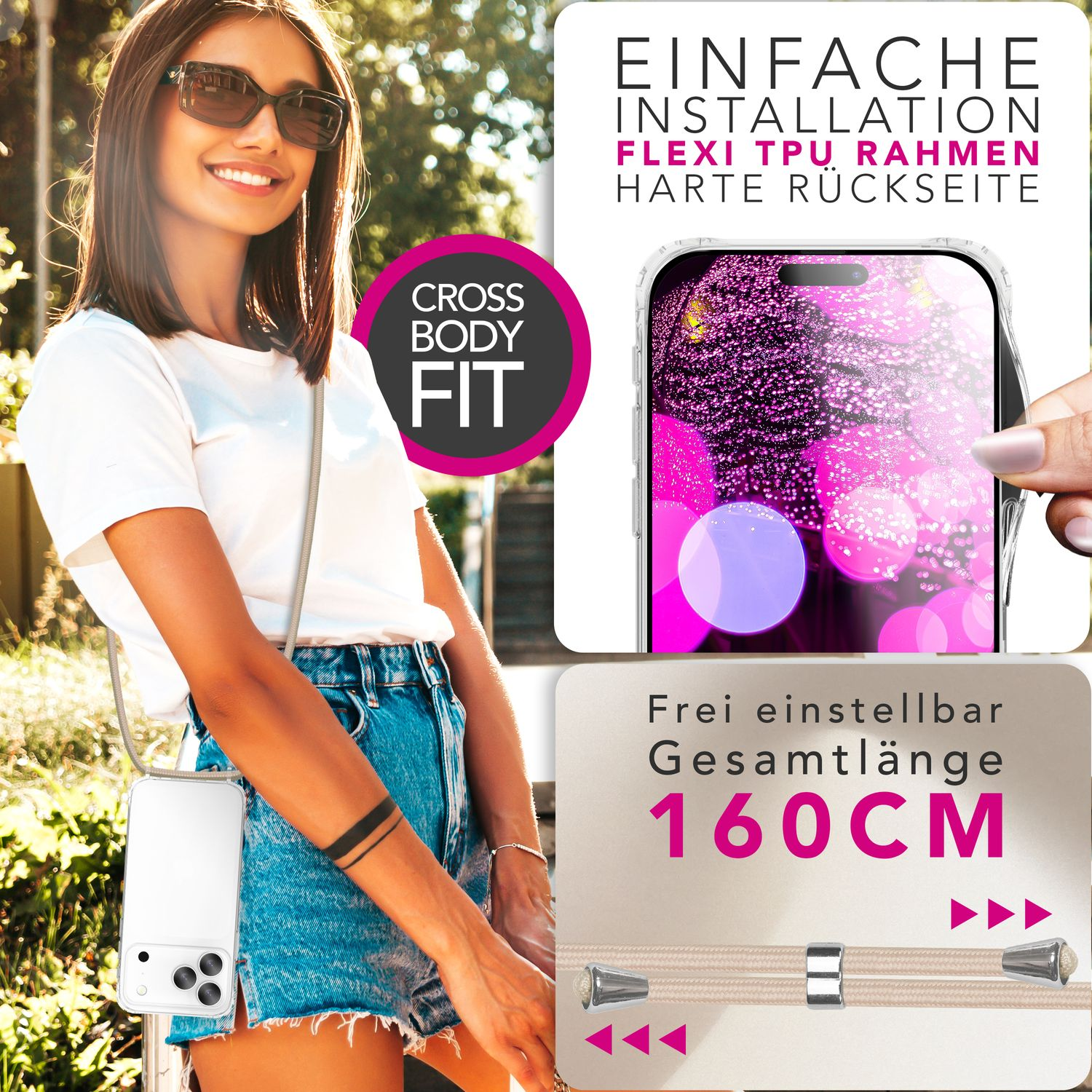 Frau mit Sonnenbrille, weißem Shirt, Jeansshorts, hält eine Handyhülle. Text auf der Hülle: Einfache Installation, Cross Body Fit, einstellbare Länge.