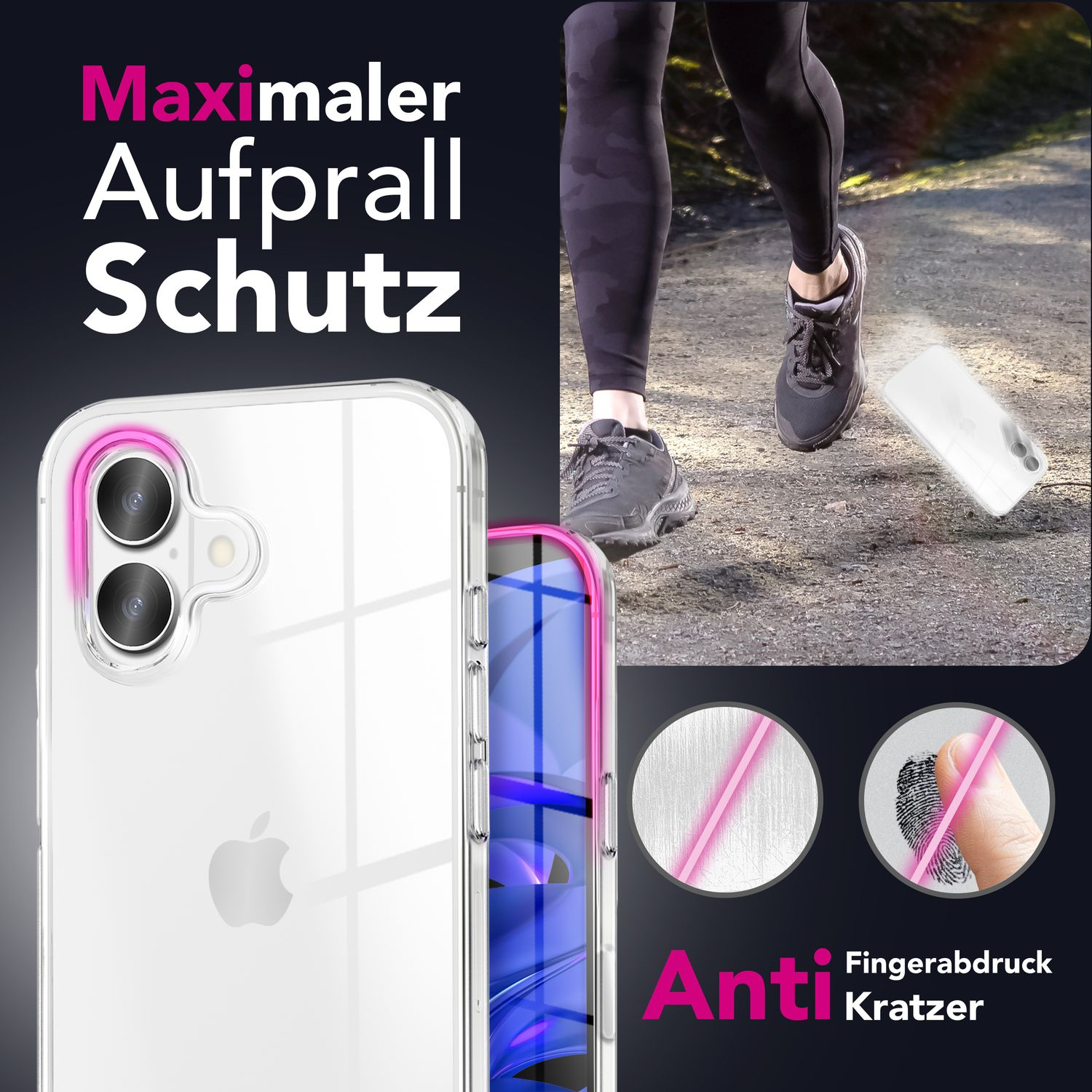 Ein Bild zeigt eine Handyhülle mit dem Text 'Maximaler Aufprall Schutz'. Eine Person rennt. Anti-Fingerabdruck und Kratzer sind ebenfalls vorhanden.