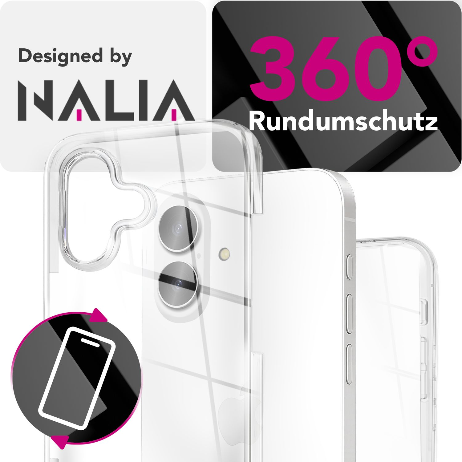 Eine transparente Handyhülle mit Handy-Grafik, NALIA-Logo und Text 360° Rundumschutz.