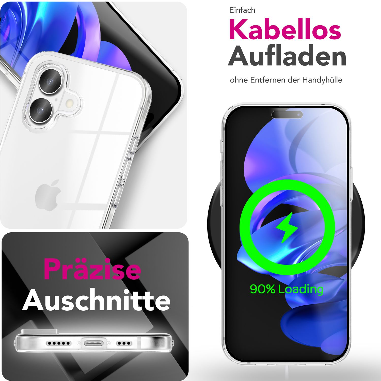 Ein Telefon, das drahtlos auf einem schwarzen Pad geladen wird. Das Telefon hat eine Hülle. Text auf Deutsch erwähnt kabelloses Laden.