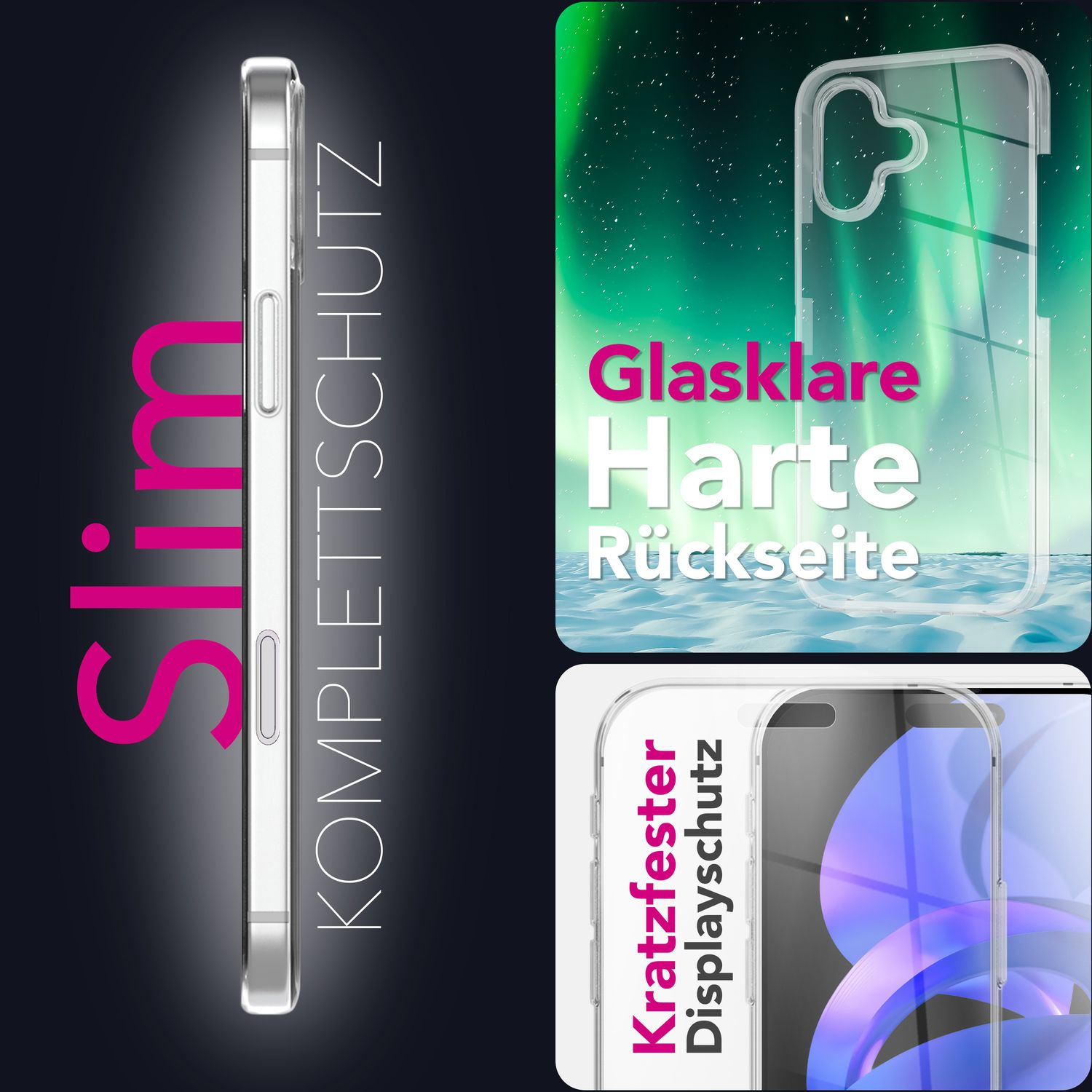 Eine transparente Handyhülle mit Text 'Slim KOMLETTSCHUTZ' und Produktmerkmalen. Enthält 'Glasklare Harte Rückseite' und 'Kratzfester Displayschutz'.