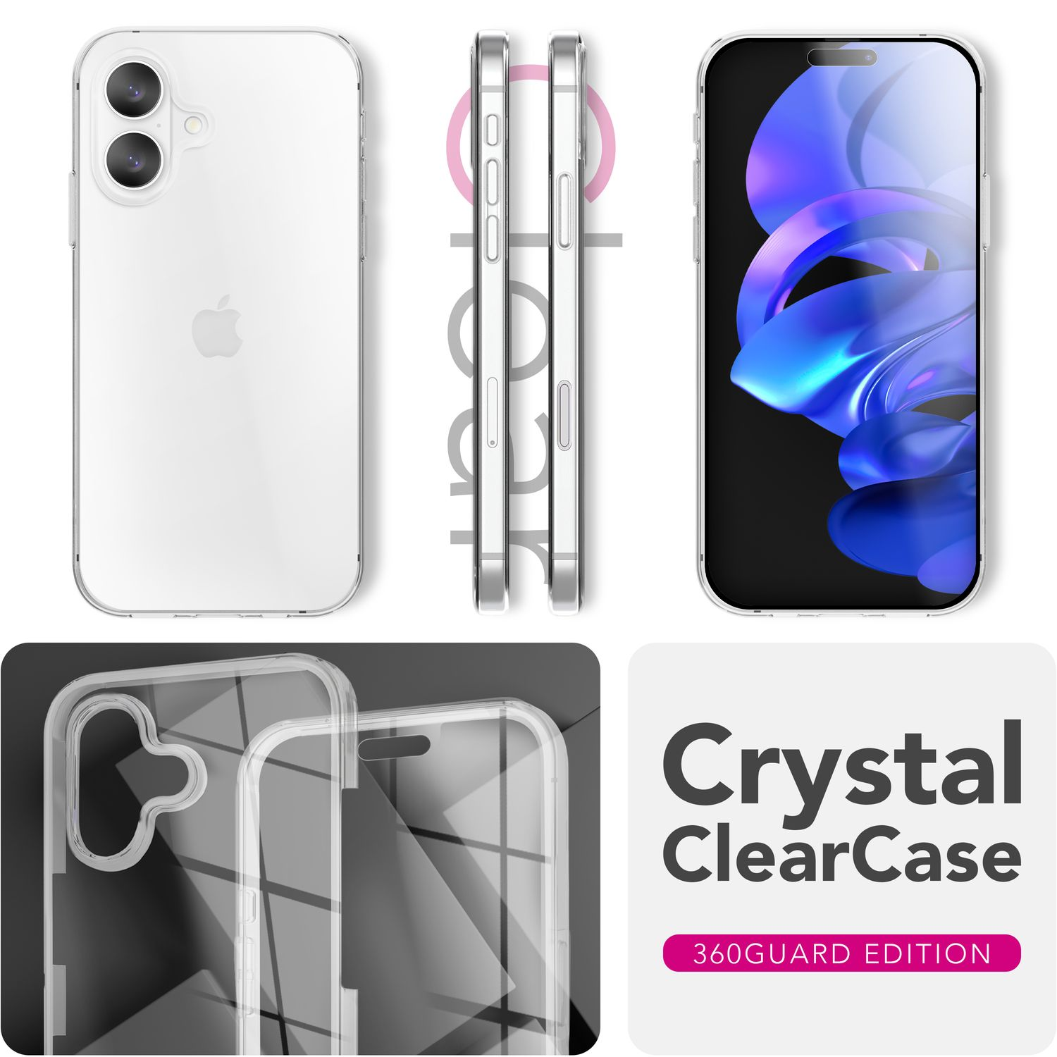 Transparente Handyhülle mit Handy, Seitenansichten und Umriss. Text: 'Crystal ClearCase' und '360GUARD EDITION' sichtbar.