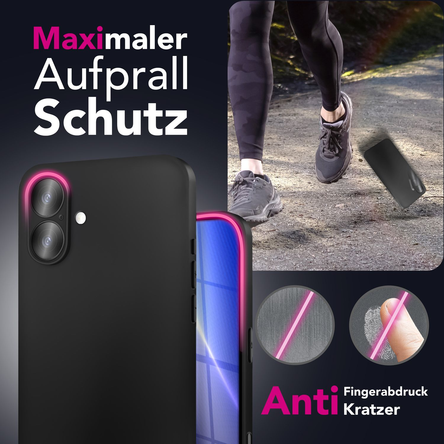 Eine Person, die mit einer Handyhülle rennt. Die Hülle ist schwarz mit rosa Umrandung. Text oben: 'Maximaler Aufprall Schutz'.