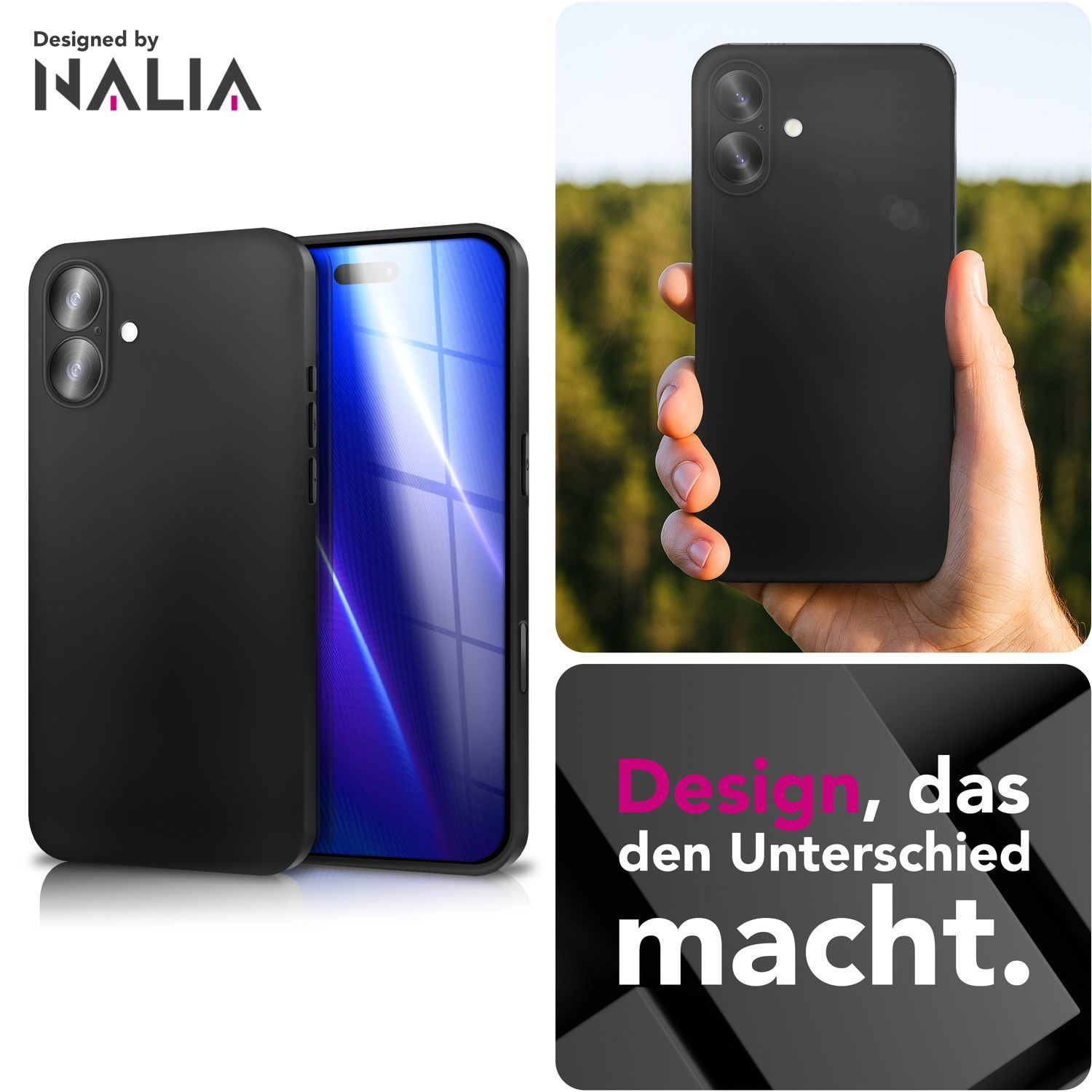 Eine schwarze Handyhülle mit Handy, gehalten von einer Hand und ein Designtitel. Der Hintergrund zeigt eine grüne, verschwommene Fläche.