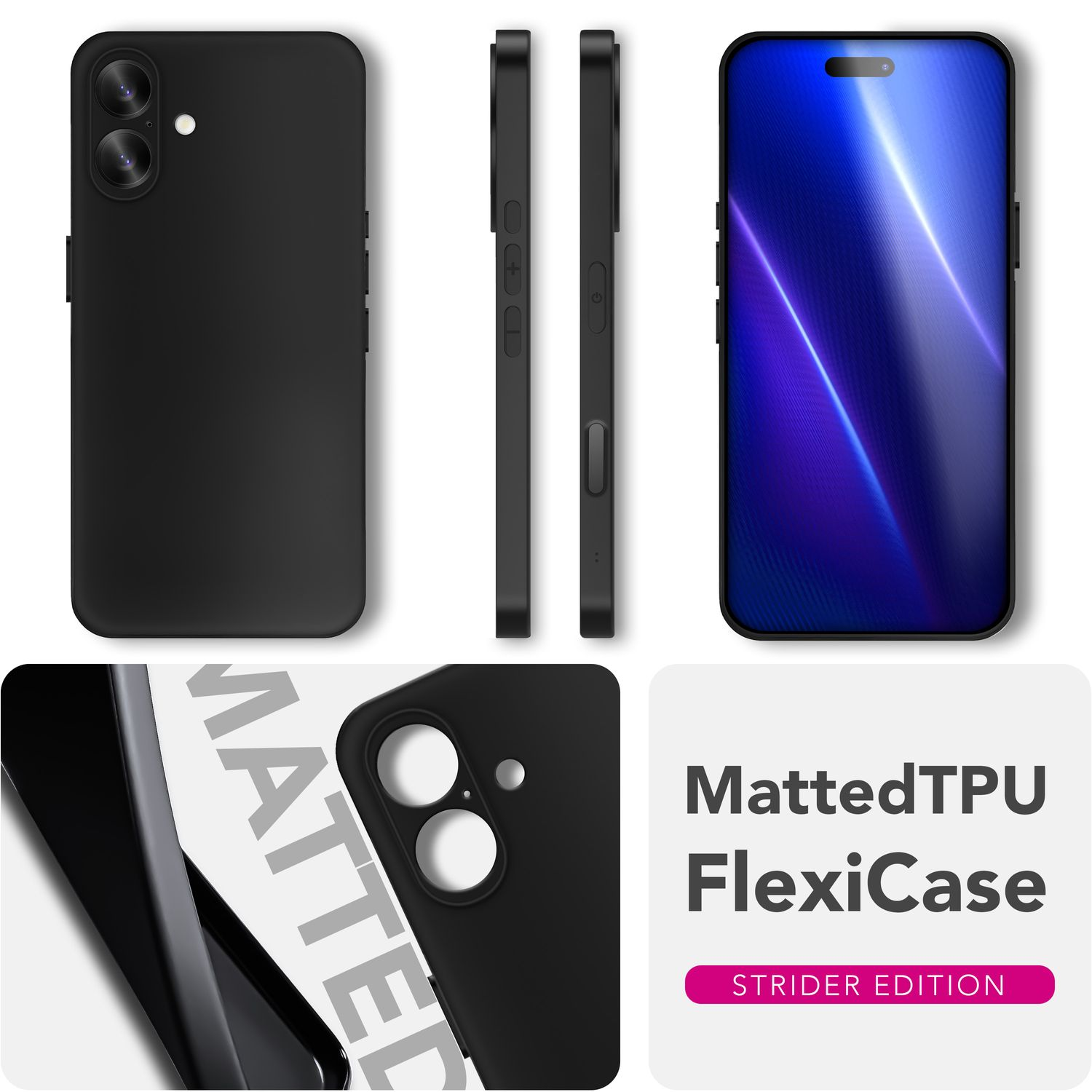 Eine schwarze Handyhülle mit Telefon, Seitenansichten der Hülle und eine Grafik mit 'Matted TPU FlexiCase'.