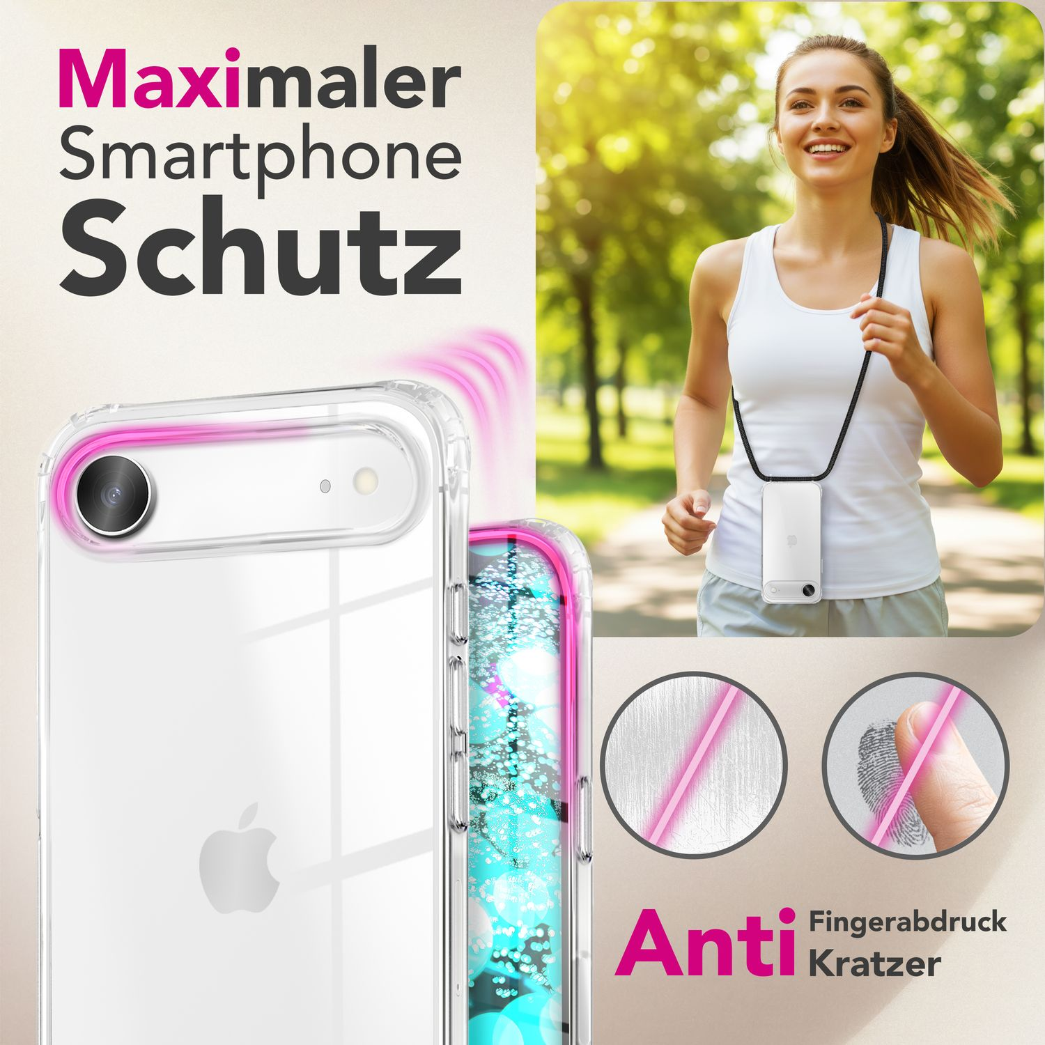 Eine Frau rennt mit einer Handyschale um den Hals. Das Bild zeigt auch eine Handyhülle mit rosa Akzenten und Text über Schutz.