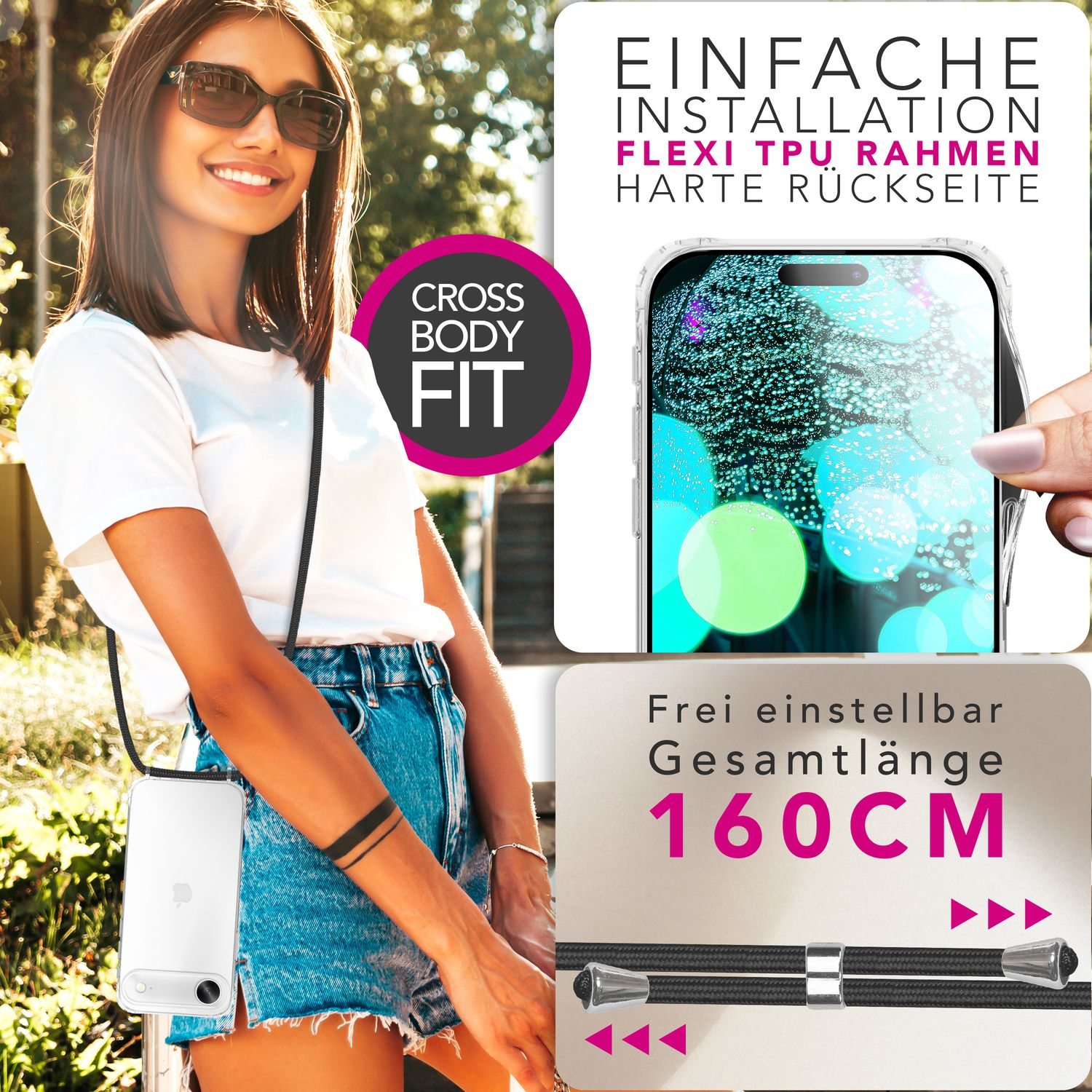 Eine Frau mit Sonnenbrille und Jeansshorts hält eine Handyhülle. Der Text lautet 'CROSS BODY FIT' und '160CM'.