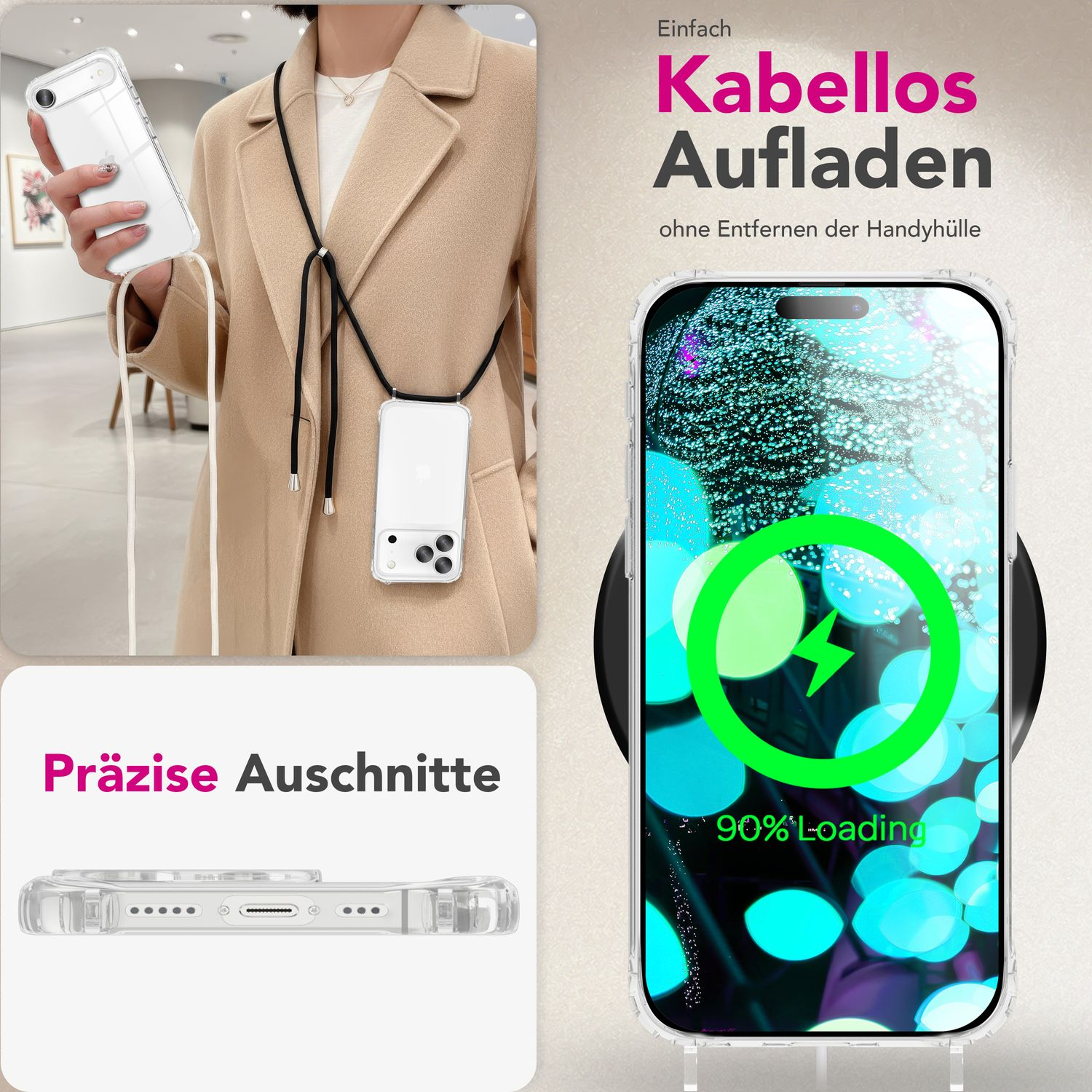 Eine Person hält ein Telefon mit einer durchsichtigen Hülle, ein anderes Telefon hängt an einem Lanyard. Das Telefon rechts lädt kabellos.
