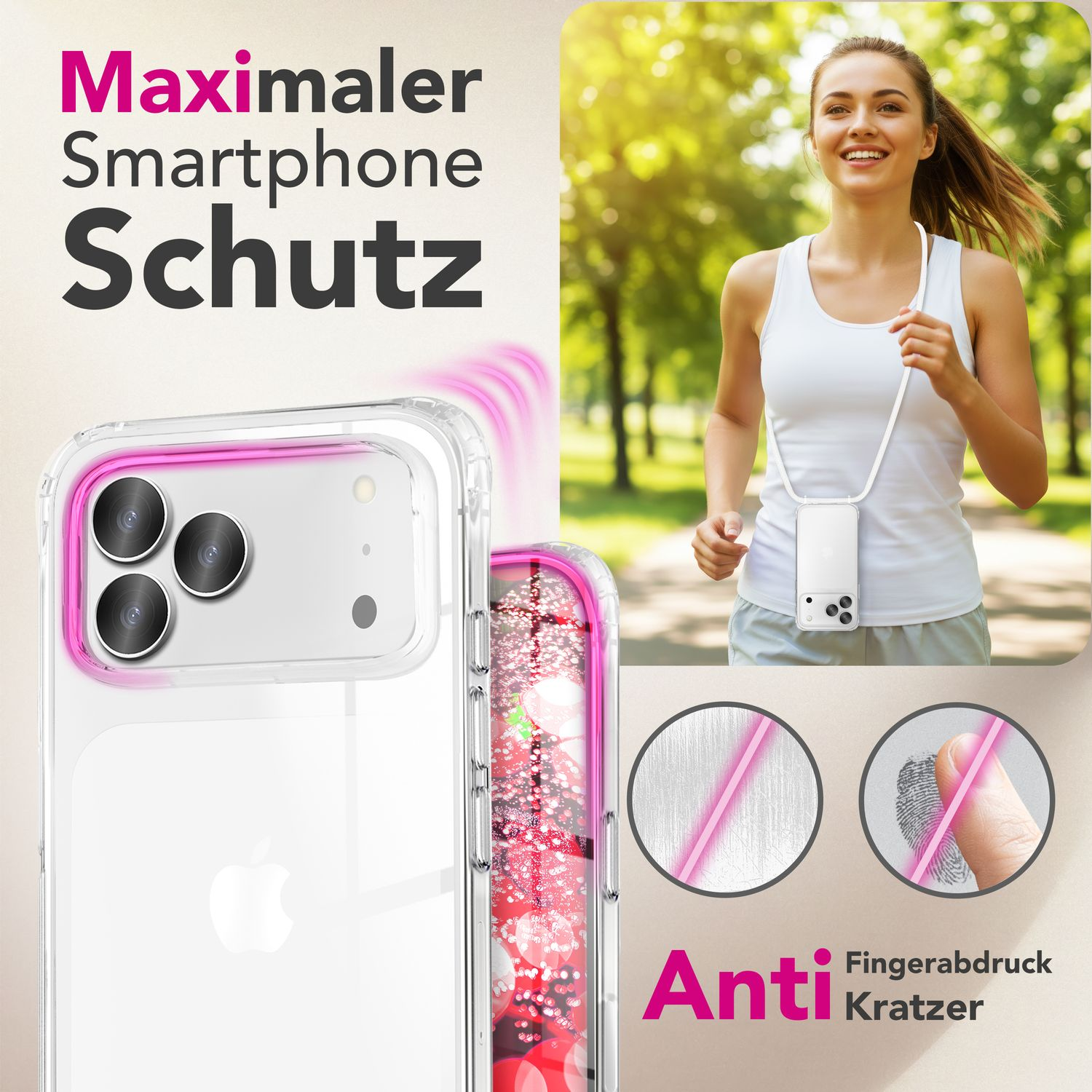 Frau rennt mit Handyhülle um den Hals. Gezeigte Hülle mit pinkfarbener Umrandung, Anti-Kratzer. Text: Maximaler Smartphone Schutz.