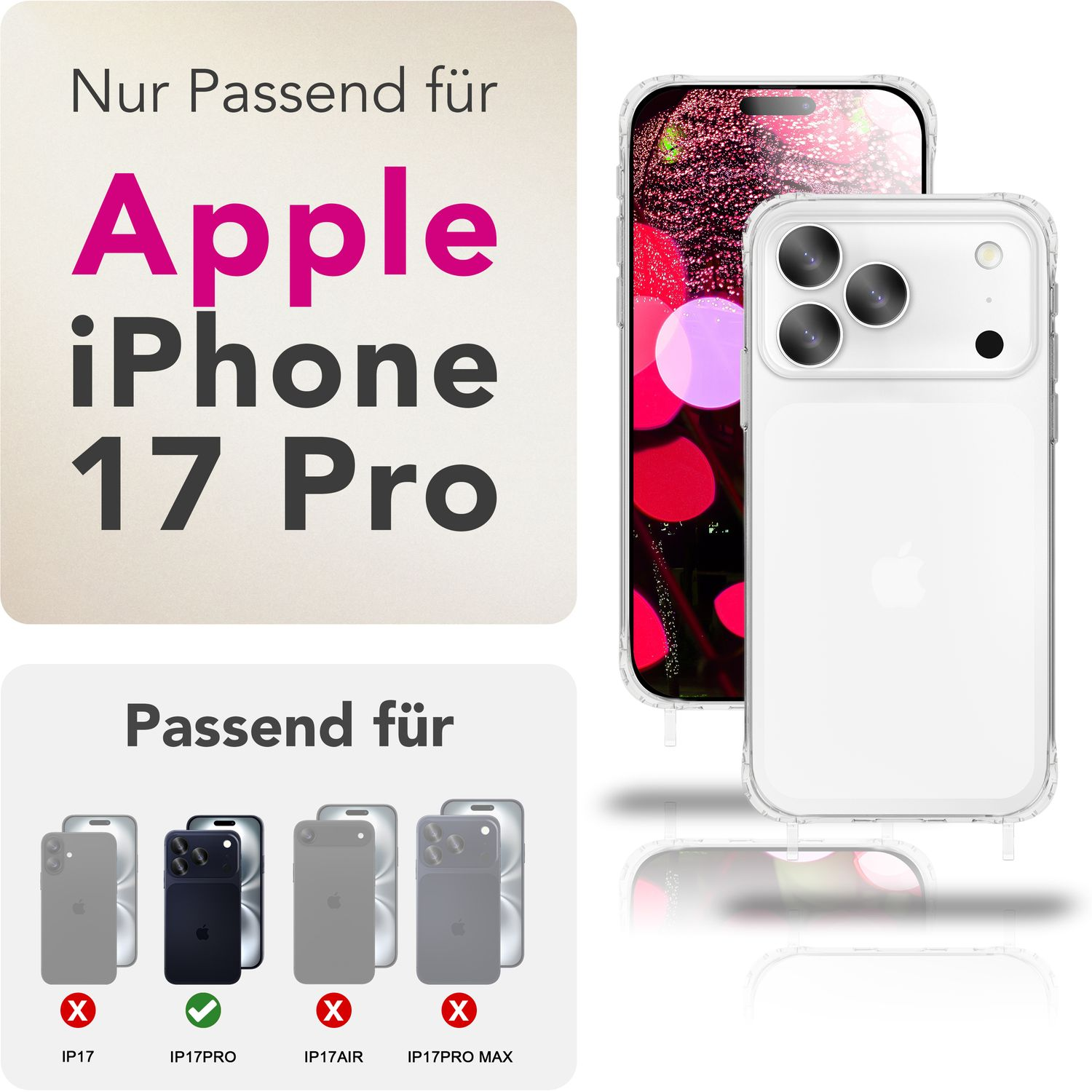 Eine iPhone 17 Pro Hülle wird neben einem Telefon mit farbenfrohem Hintergrund angezeigt. Text hebt die Kompatibilität mit iPhone 17 Pro hervor.