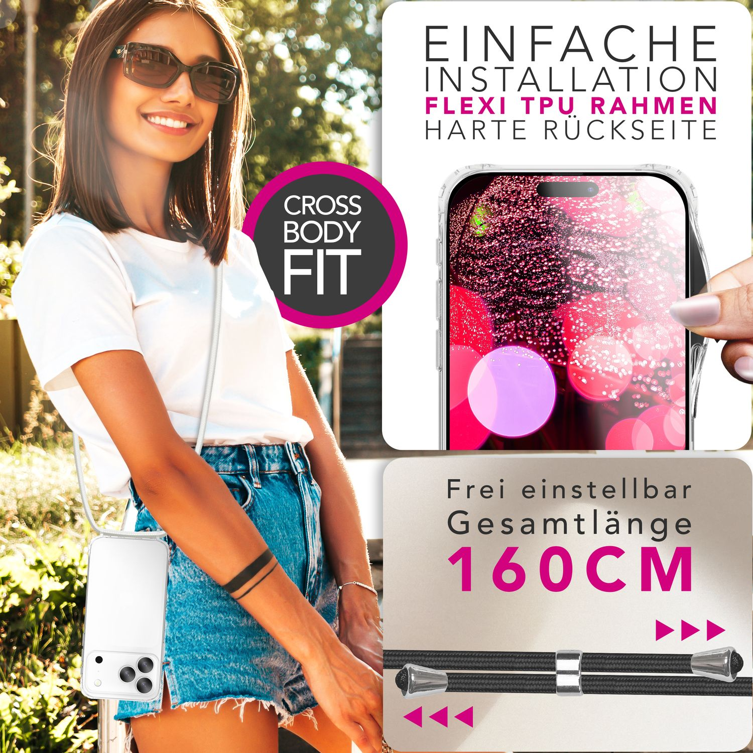 Eine lächelnde Frau mit Sonnenbrille, weißem T-Shirt und Jeansshorts. Sie hält eine Handytasche mit Gurt. Text: 'Cross Body Fit'.