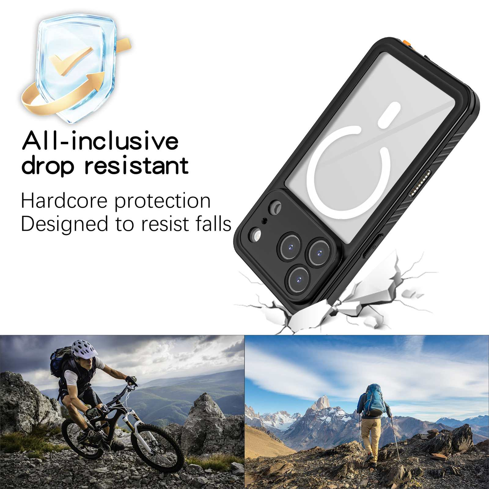 Das Bild zeigt eine Telefonhülle mit Texten, die Stoßfestigkeit beschreiben. Mountainbiker und Wanderer sind ebenfalls im Bild zu sehen.