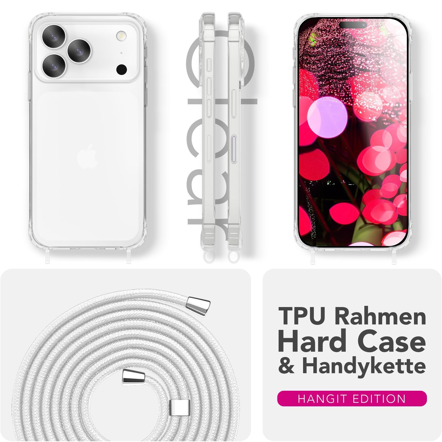 Eine transparente Handyhülle mit weißer Kordel, iPhone und den Worten 'TPU Rahmen Hard Case & Handykette' auf weißem Hintergrund.
