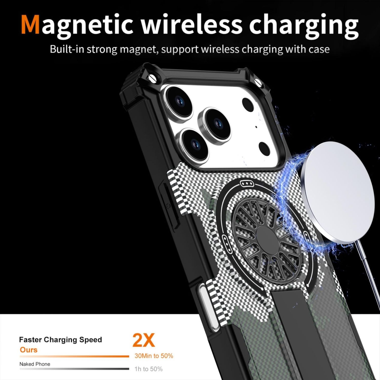 Ein Telefon mit Hülle wird kabellos aufgeladen. Die Hülle hat ein Design mit einer fächerartigen Struktur. Der Hintergrund ist schwarz.
