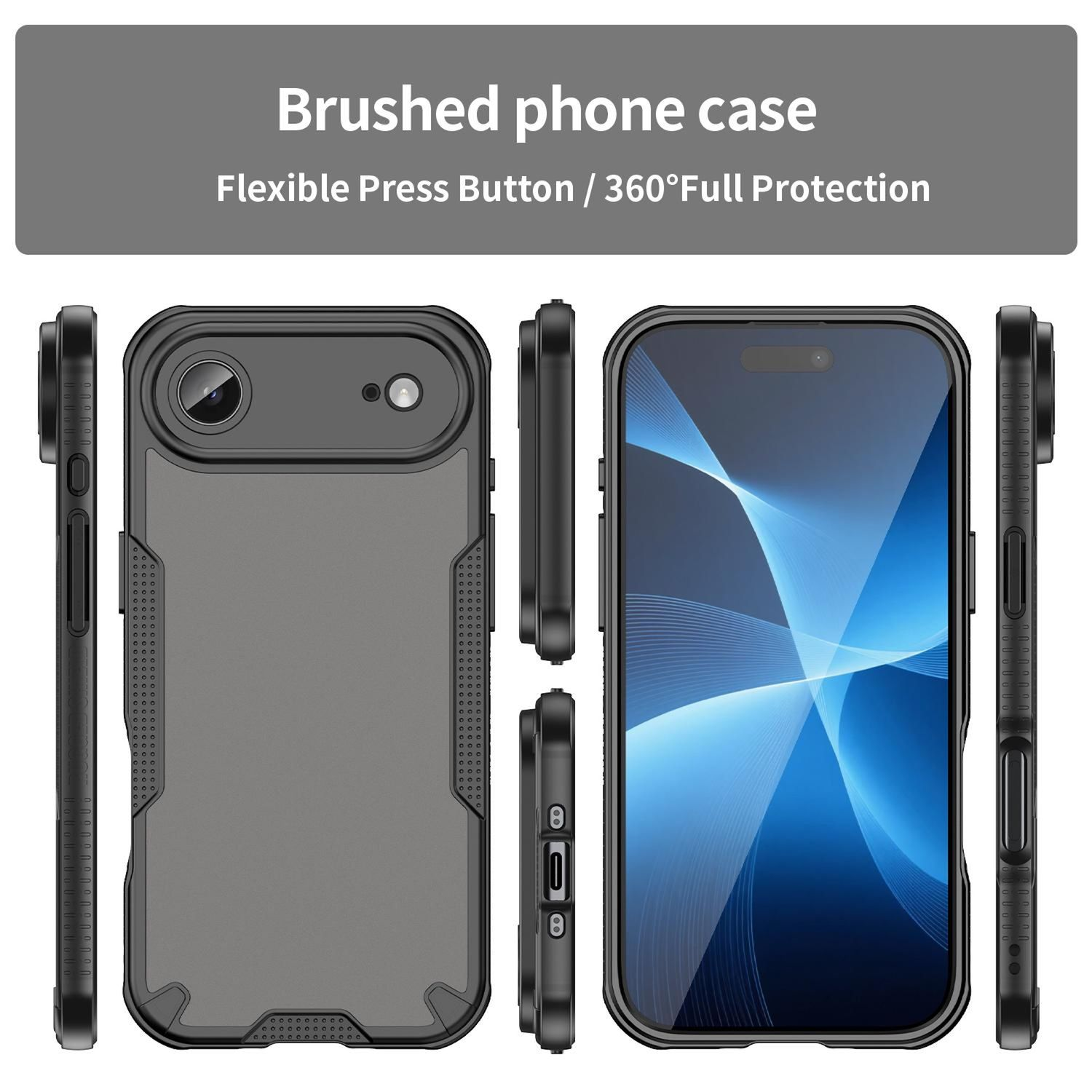 Ein Handy-Case wird aus verschiedenen Winkeln gezeigt. Es ist schwarz und grau mit flexiblem Druckknopf und 360° Rundumschutz.