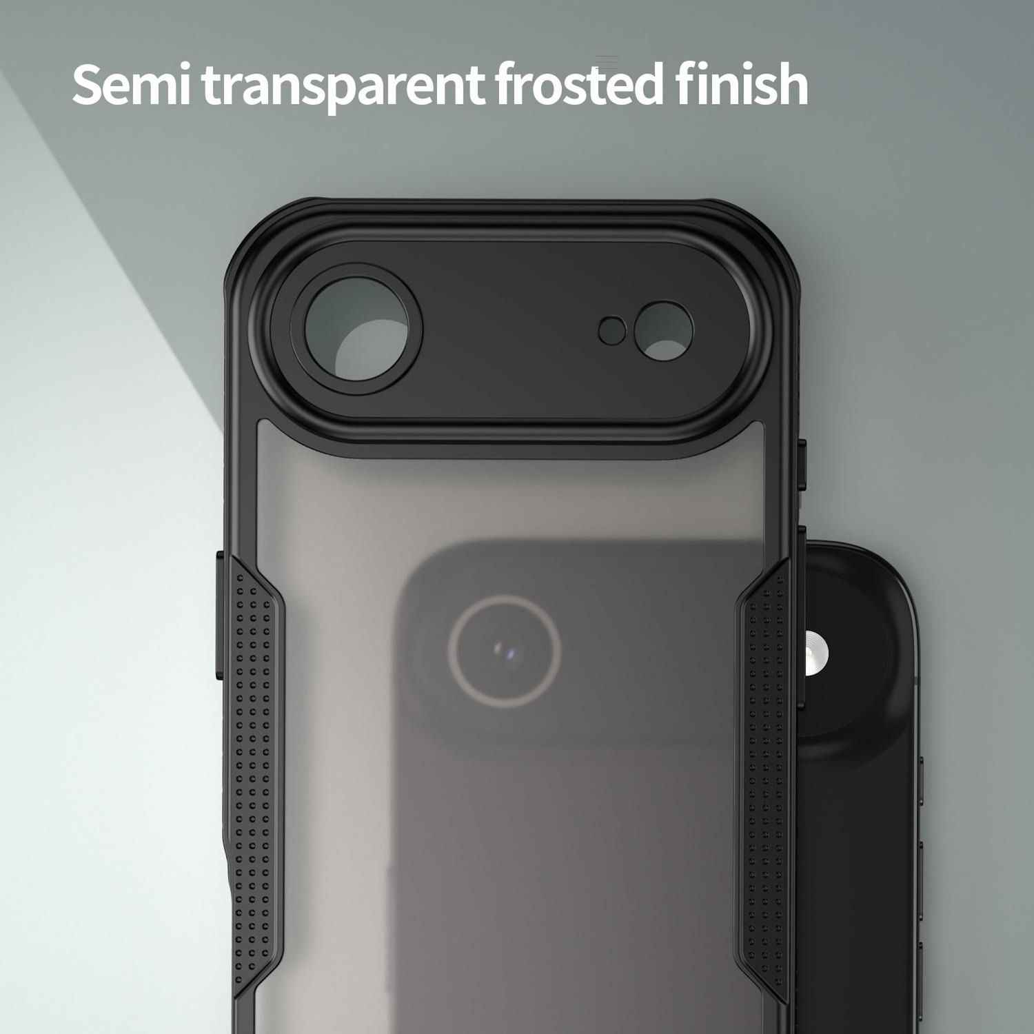 Schwarze Handyhülle mit halbtransparentem, mattiertem Finish. Die Hülle hat einen Kameraausschnitt und eine Seite mit kleinen, kreisförmigen Details.