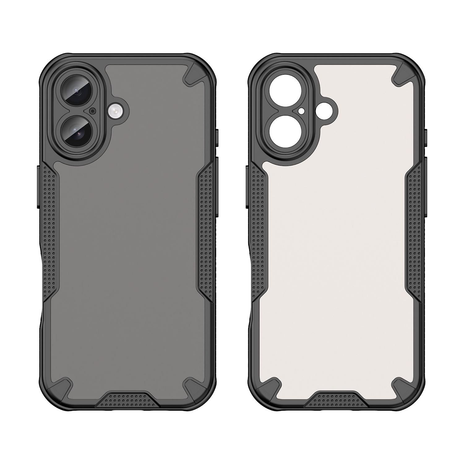 Dos fundas para smartphone. Una es gris opaca. La otra es transparente con fondo blanco. Ambas tienen bordes negros.