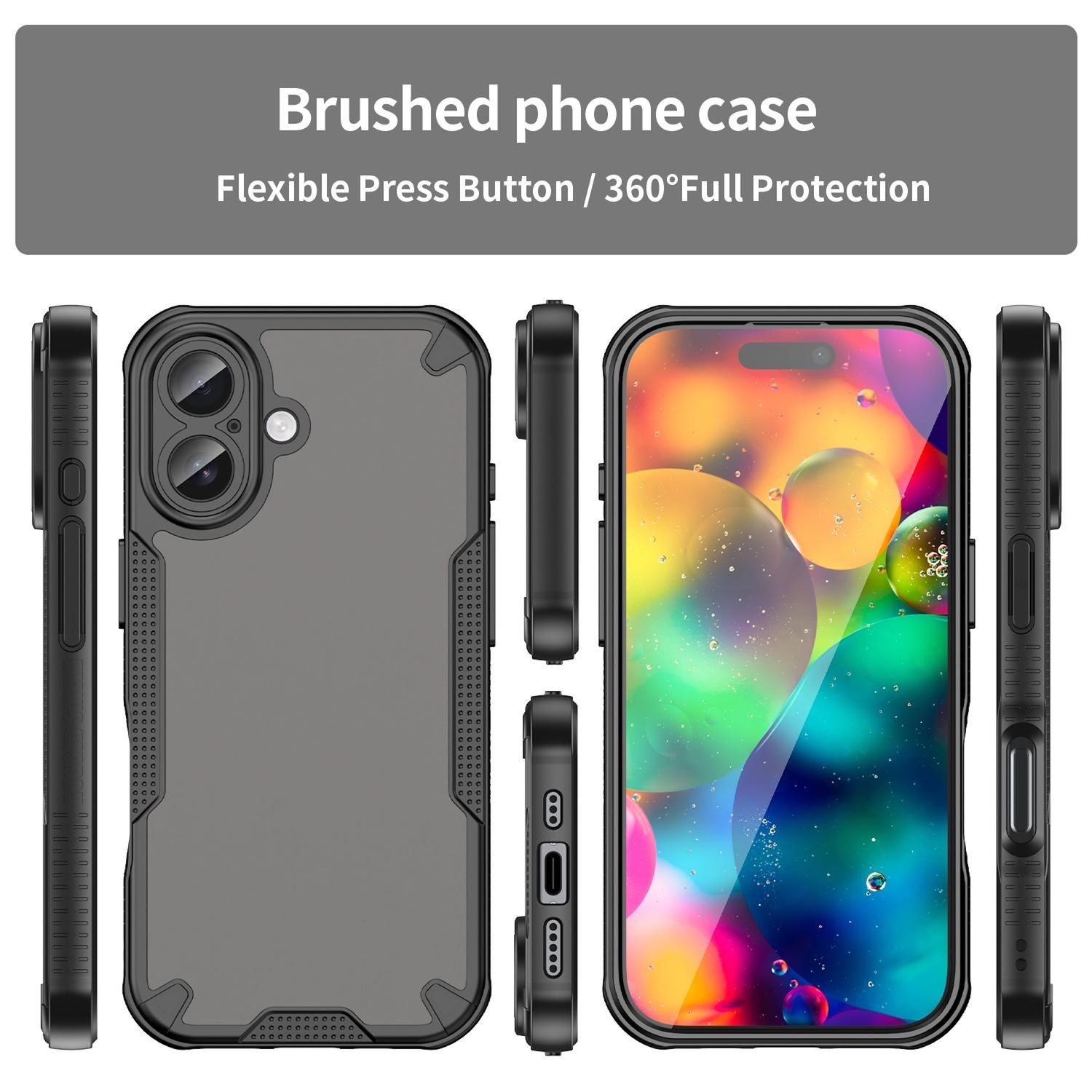 Una funda de teléfono con parte trasera gris y bordes negros. Se muestra desde múltiples ángulos. La pantalla del teléfono muestra una imagen abstracta colorida.