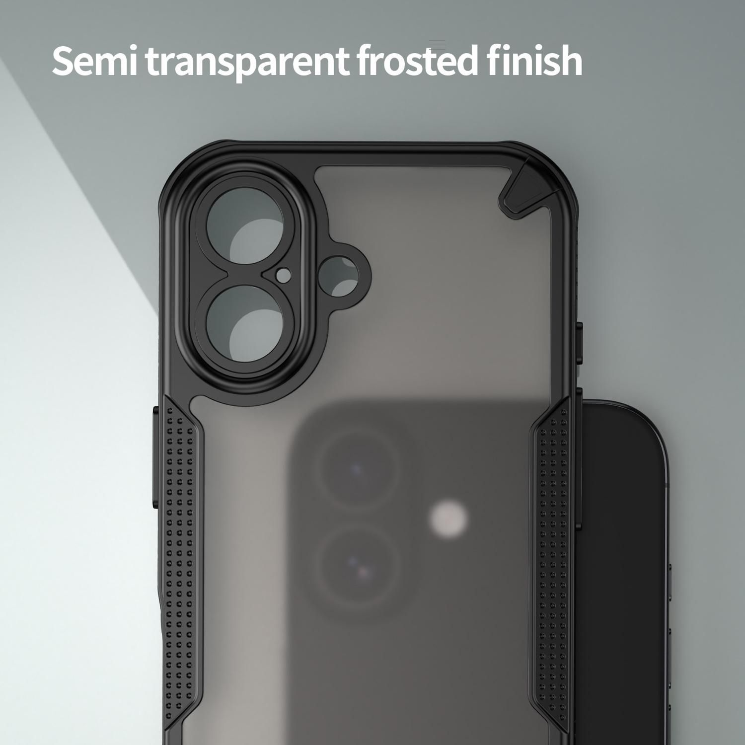 Funda de teléfono negra con acabado esmerilado semitransparente. Tiene aberturas para la cámara y los botones. El fondo es gris.