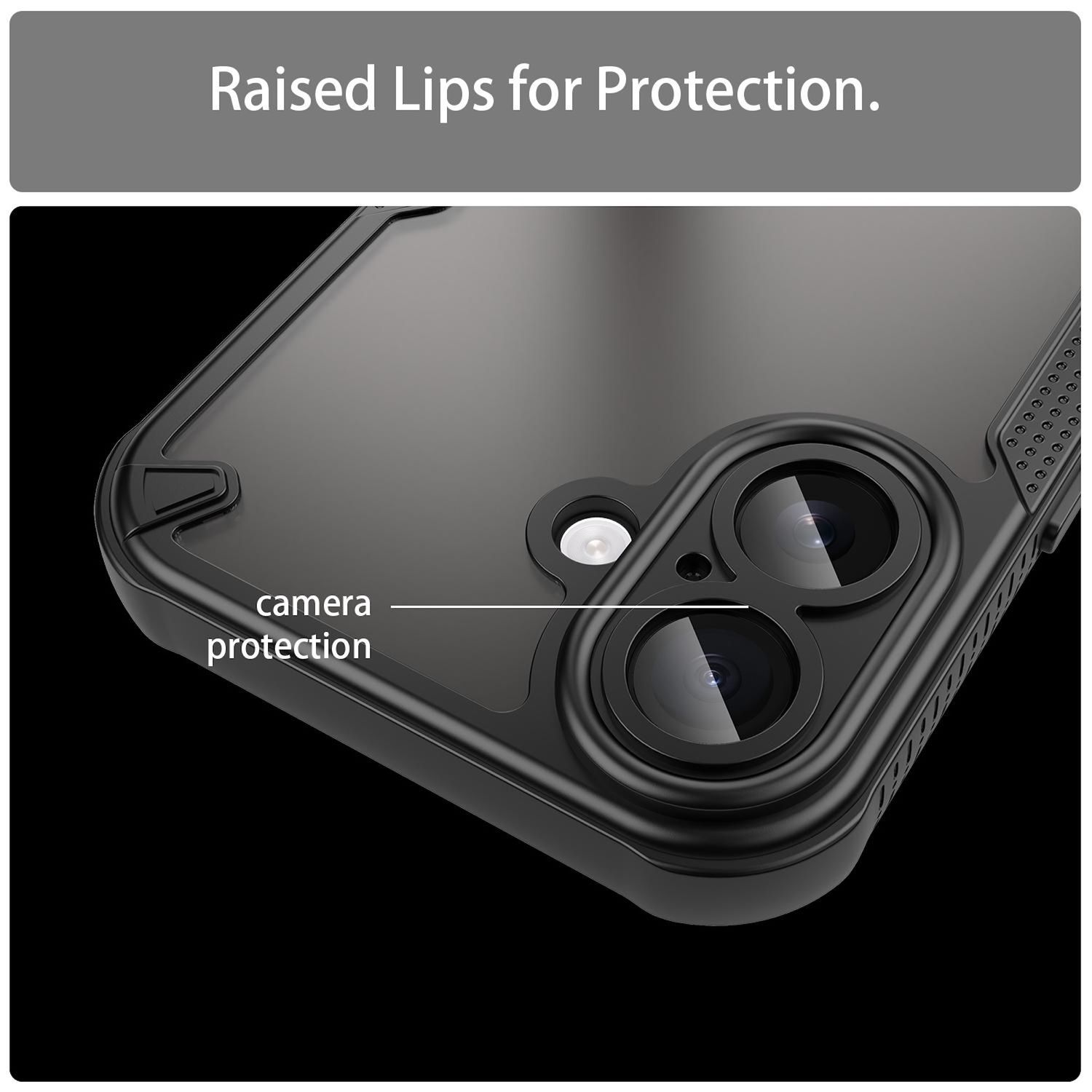 Primer plano de una funda negra para teléfono con protección de cámara. Se ven bordes elevados. El fondo es negro.