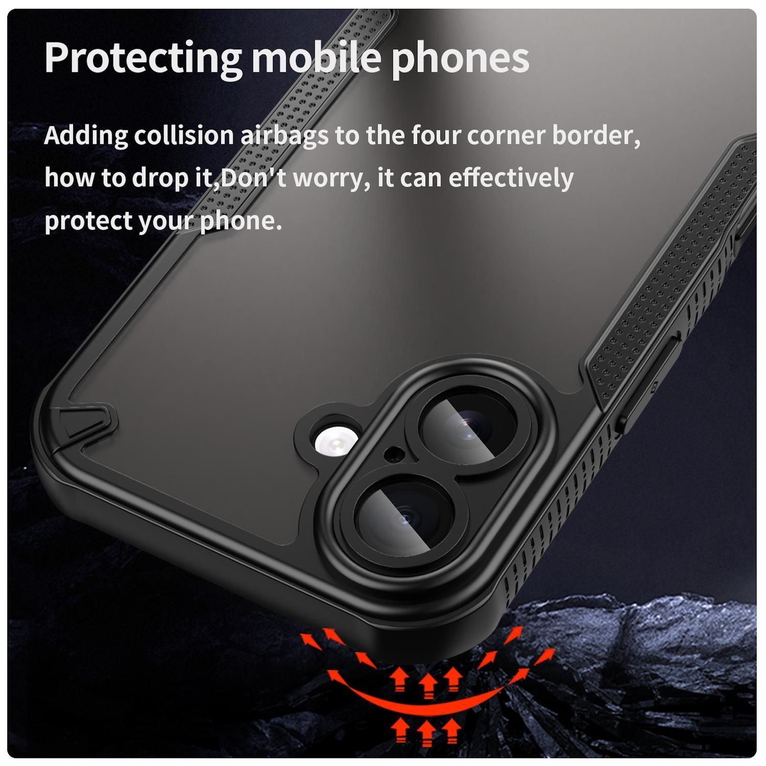 Se muestra una funda para teléfono, con texto que indica que protege los teléfonos. Es negra con un recorte para la cámara y flechas rojas debajo.