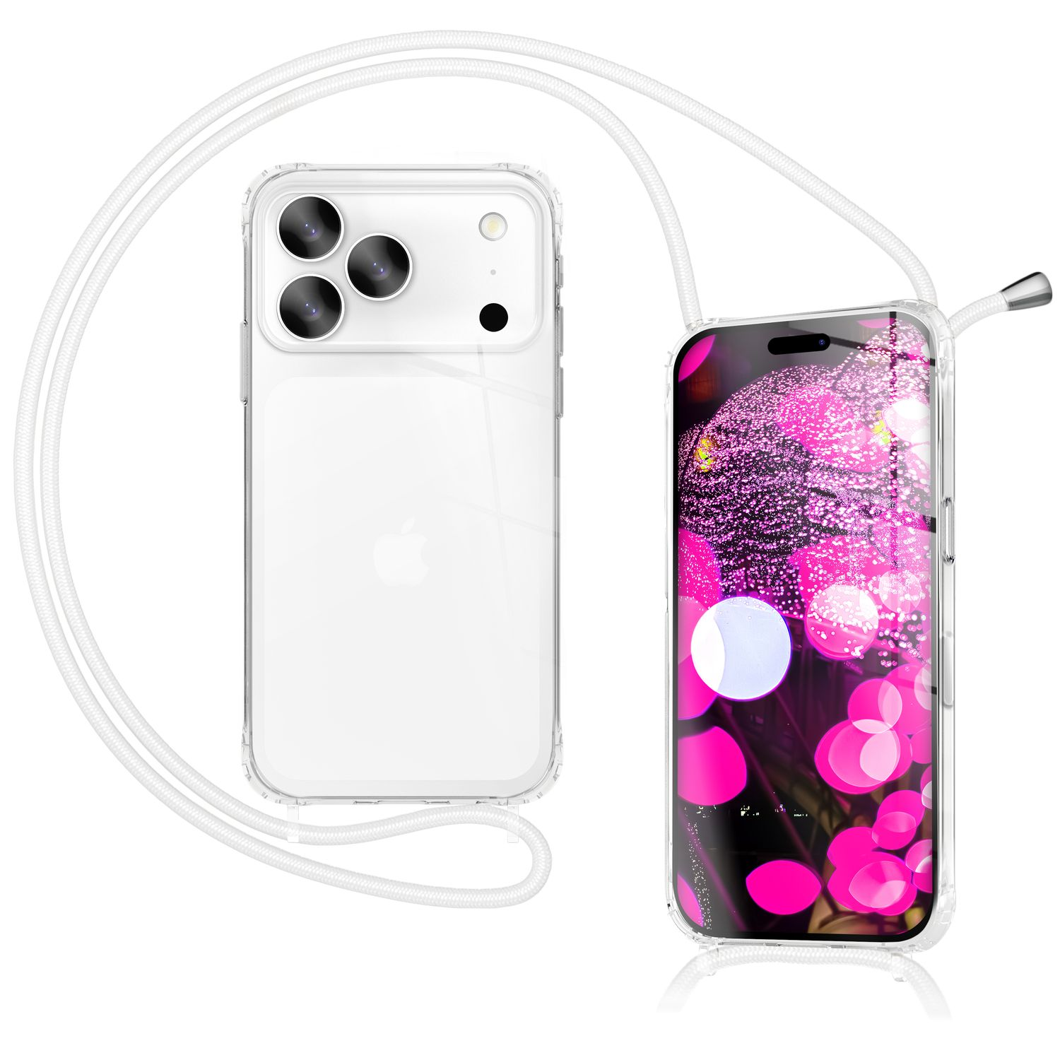 Zwei transparente Handyhüllen mit weißen Kordeln. Eine zeigt die Rückseite mit Kameras, die andere pinkes Bokeh.
