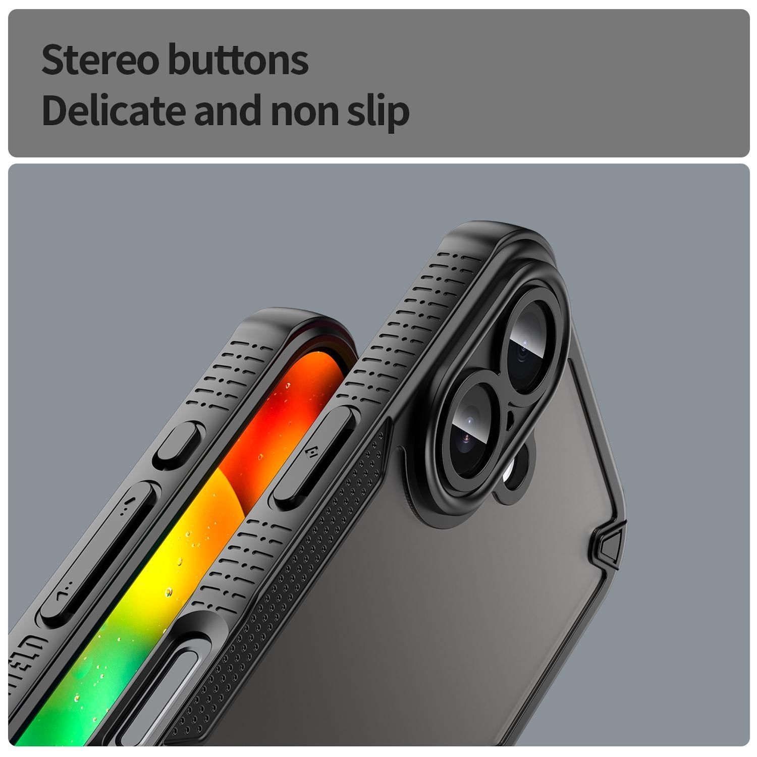Funda de teléfono negra con botones estéreo, diseño delicado y antideslizante, resaltando la lente de la cámara y botones laterales.