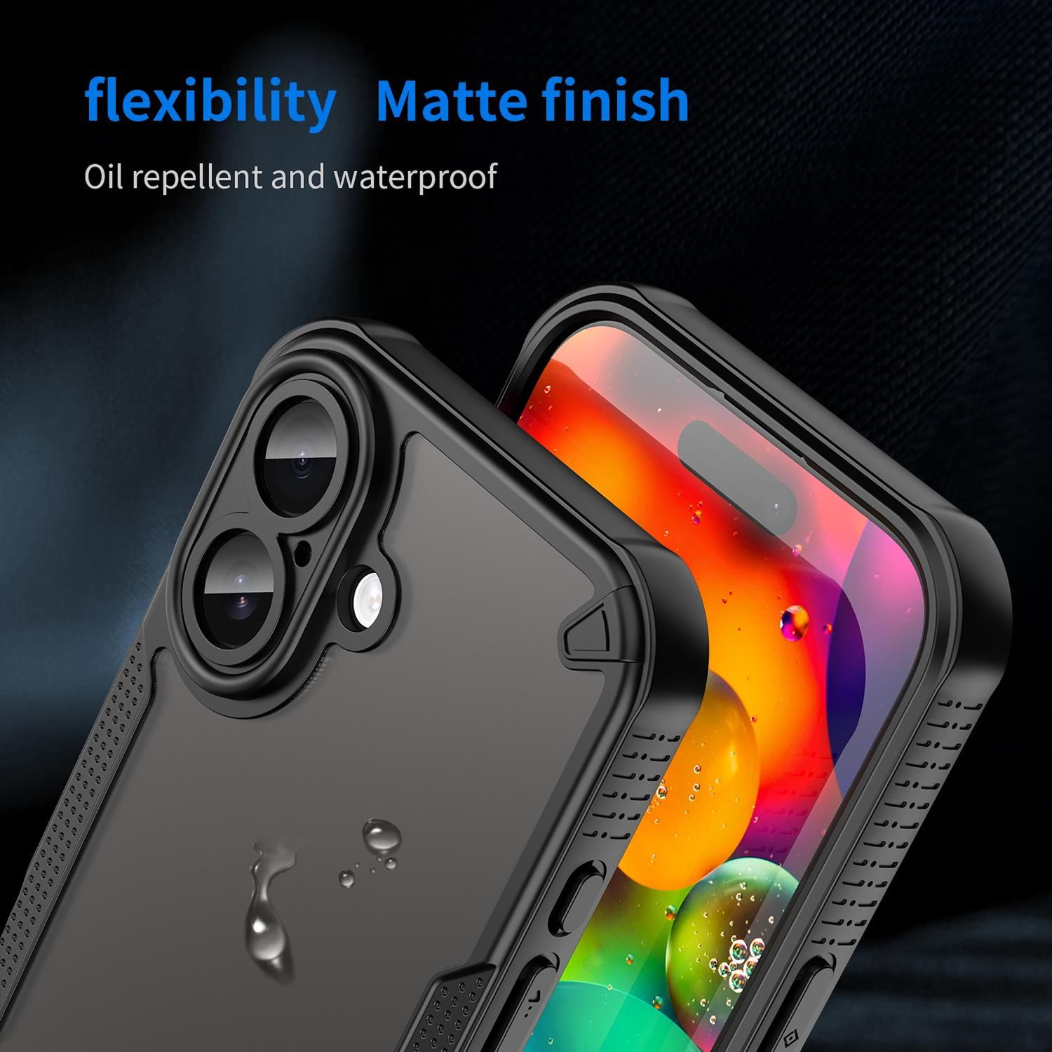 Primer plano de una funda negra que protege un teléfono. El teléfono muestra un fondo de pantalla abstracto y colorido. Gotas de agua visibles.