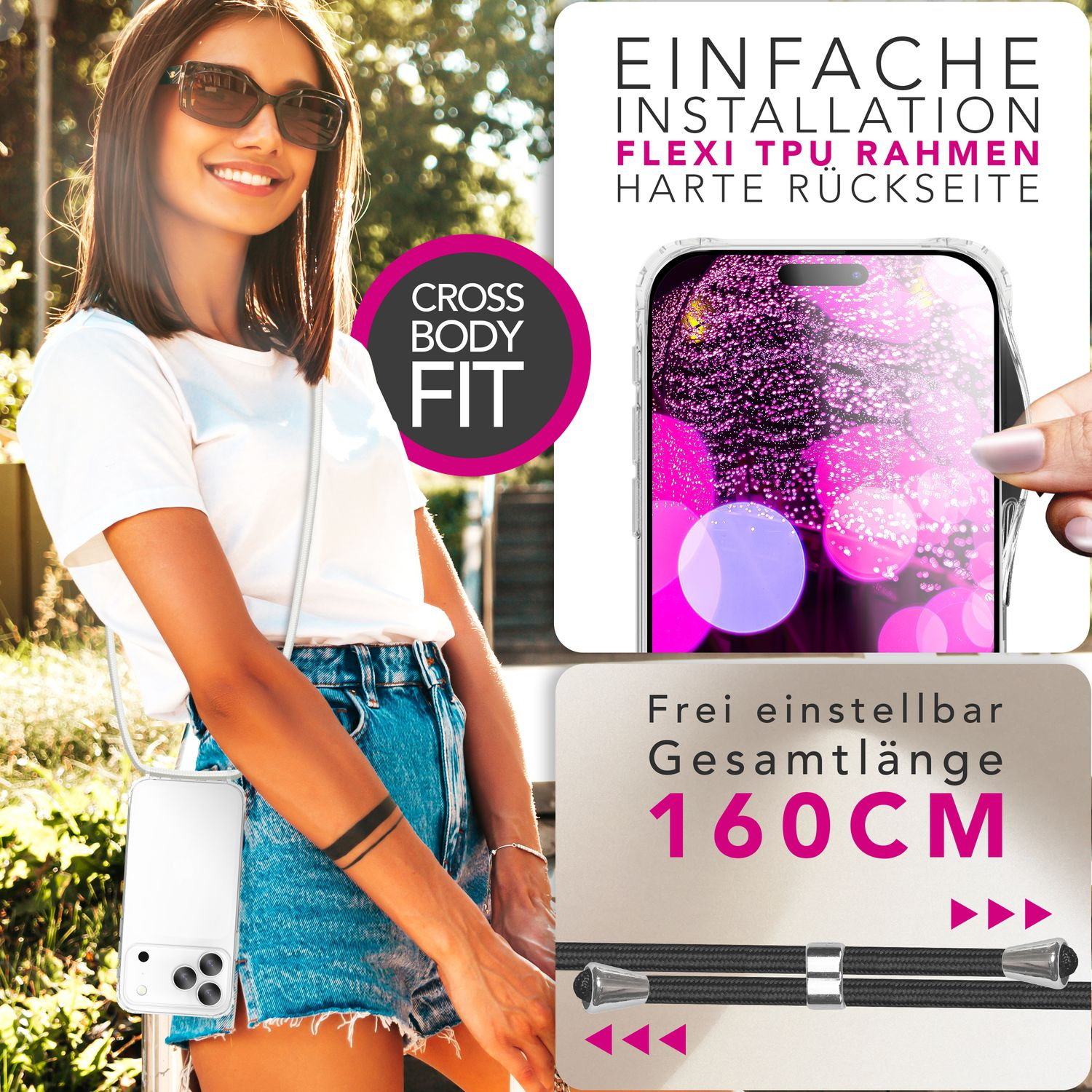 Frau mit Sonnenbrille, weißem Hemd, Jeansshorts und Handyhülle. Produktwerbung mit deutschem Text.