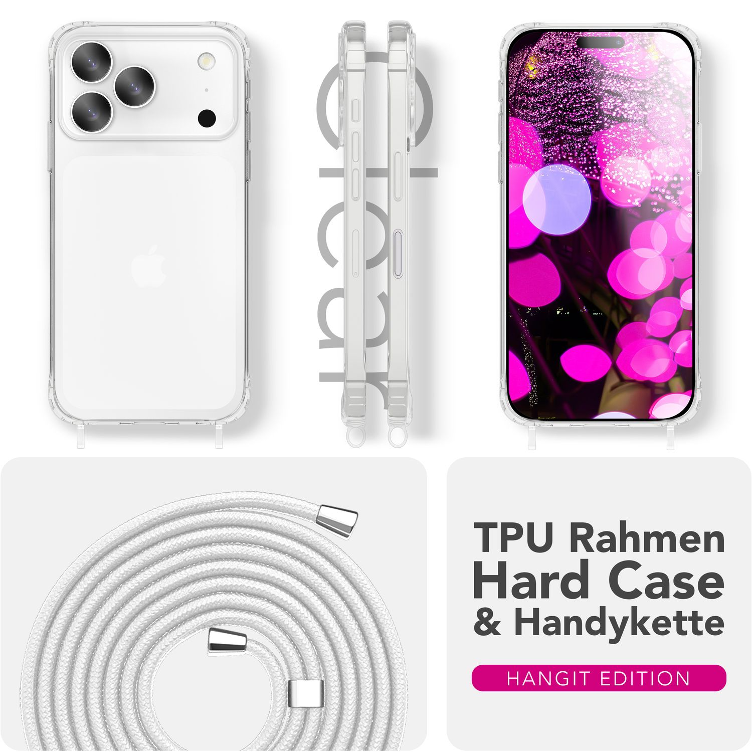 Transparente Handyhülle mit weißem Seil, drei Ansichten. Hülle am Telefon, Seitenansicht und Nahaufnahme von Seil und Text: TPU Rahmen Hard Case & Handyette.