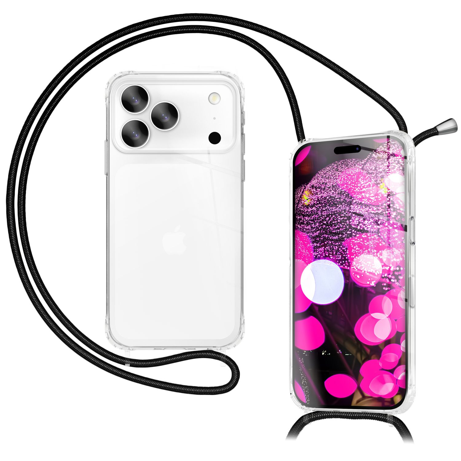 Zwei transparente Handyhüllen mit schwarzen Kordeln. Ein Telefon zeigt pinkes Bokeh, das andere ein weißes Apple-Logo und Kameralinsen.