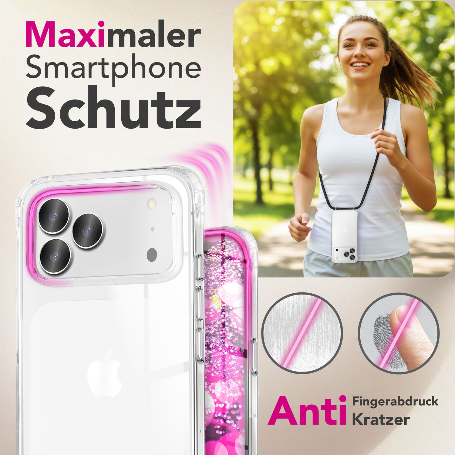 Frau joggt mit Handyhülle. Die Hülle ist transparent mit pinkfarbenem Rand. Text: 'Maximaler Smartphone Schutz' und 'Anti Fingerabdruck Kratzer'.