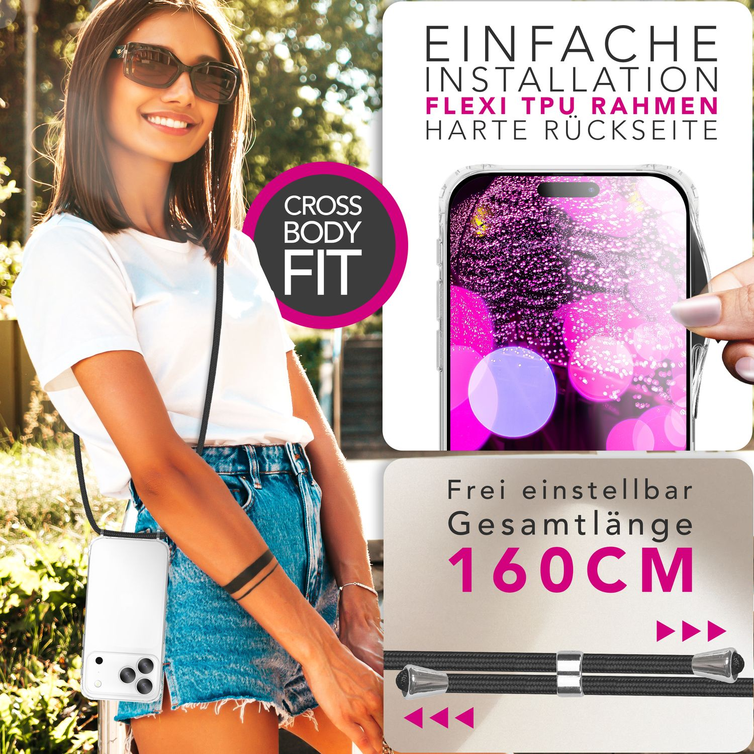 Frau mit Sonnenbrille, hält eine Handyhülle mit Trageriemen. Text auf der Hülle und im Hintergrund. Der Text lautet 'CROSS BODY FIT'.