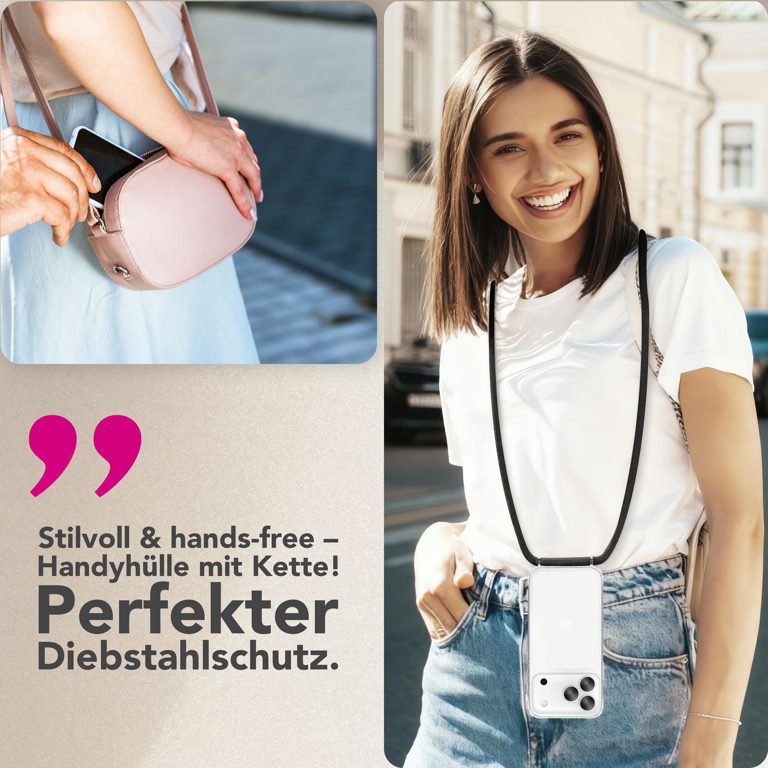 Eine lächelnde Frau mit weißem T-Shirt und Jeans, mit klarer Handyhülle. Eine rosa Handtasche links oben.