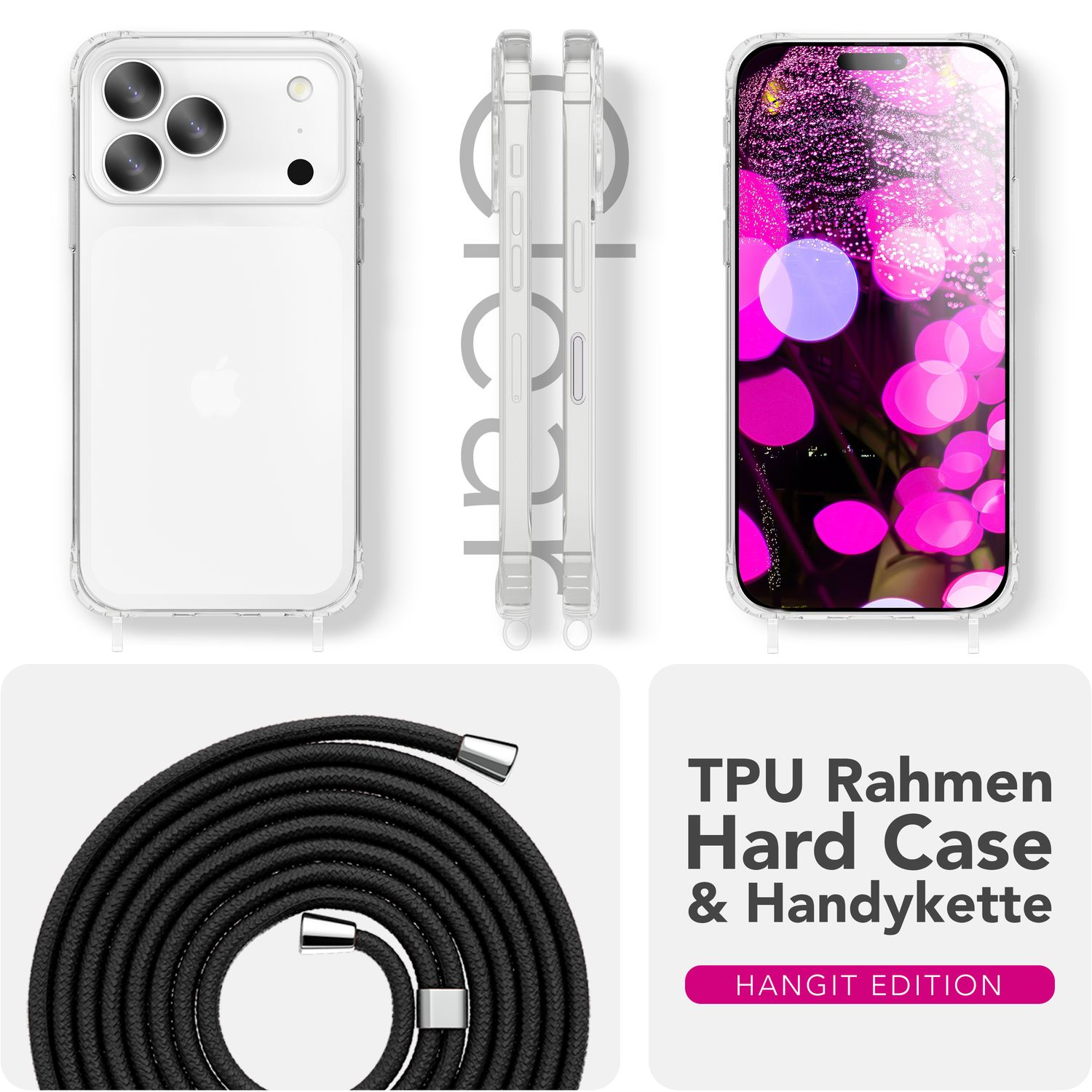 Eine transparente Handyhülle mit schwarzem Riemen und ein Telefon mit rosa und lila Hintergrund, sowie der Text 'TPU Rahmen Hard Case & Handykette'.