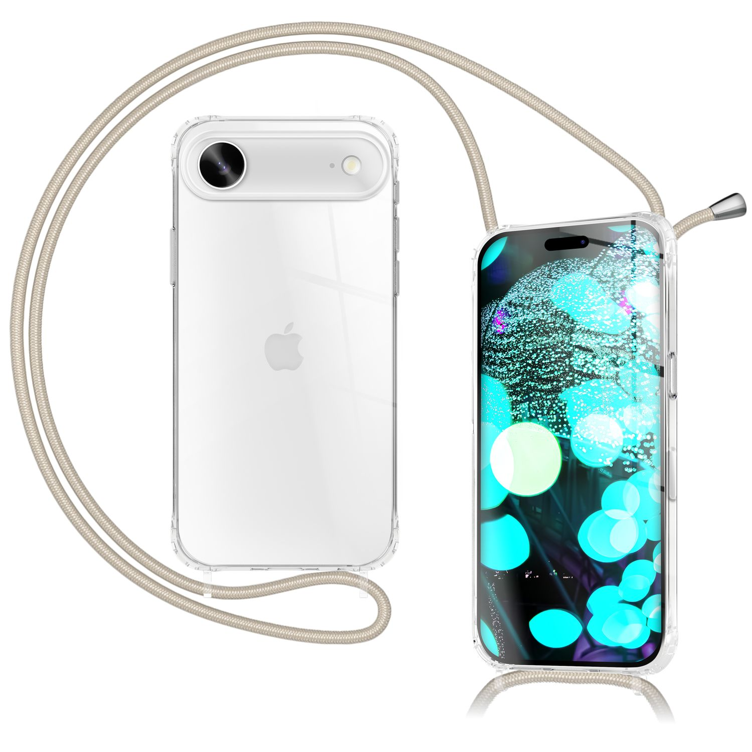 Zwei Telefone in transparenten Hüllen mit beigefarbenem Umhängeband. Eines zeigt das Apple-Logo. Das andere zeigt einen bunten Hintergrund.