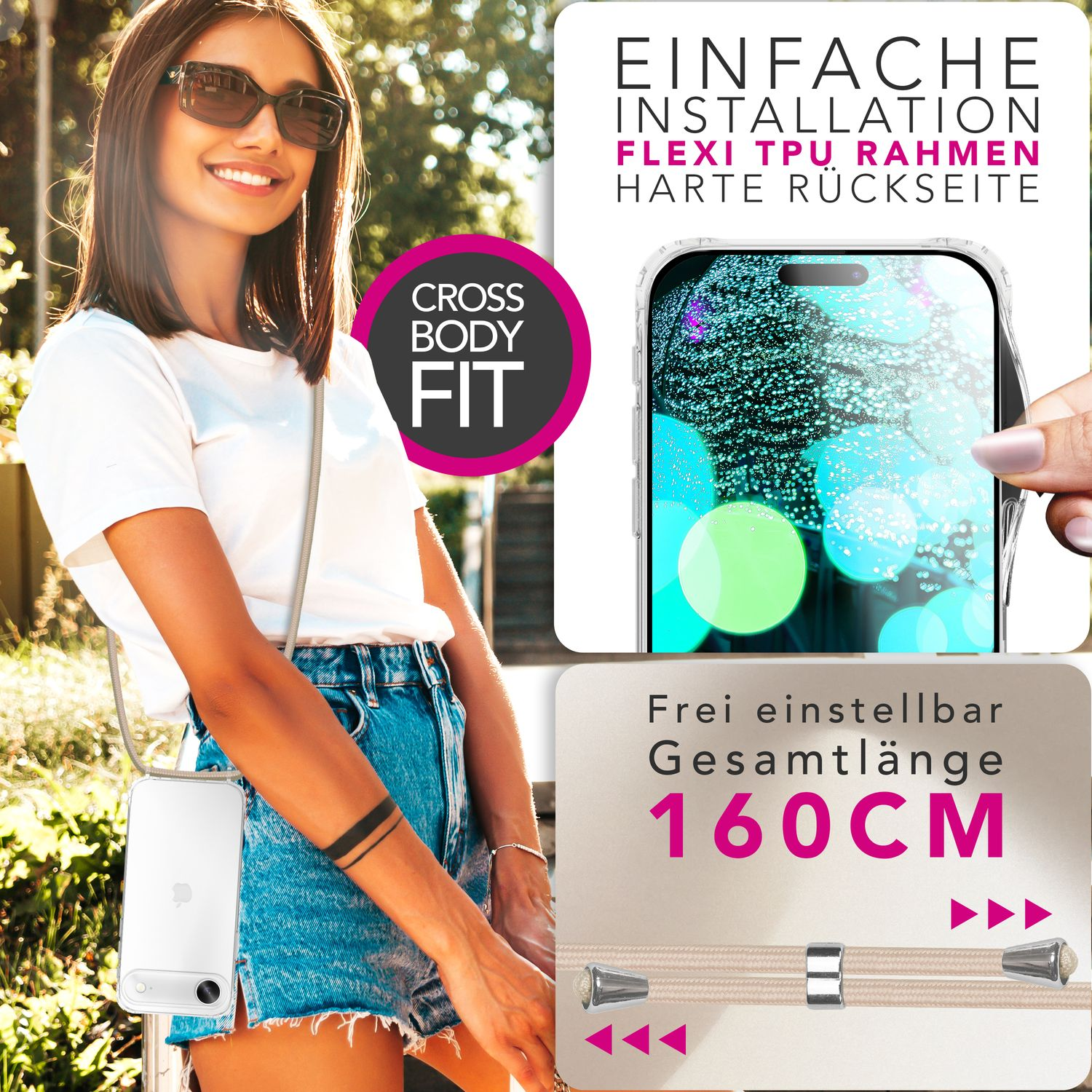Frau mit Sonnenbrille, weißem T-Shirt, Jeansshorts und Handyhülle. Text rechts: 'Einfache Installation'.