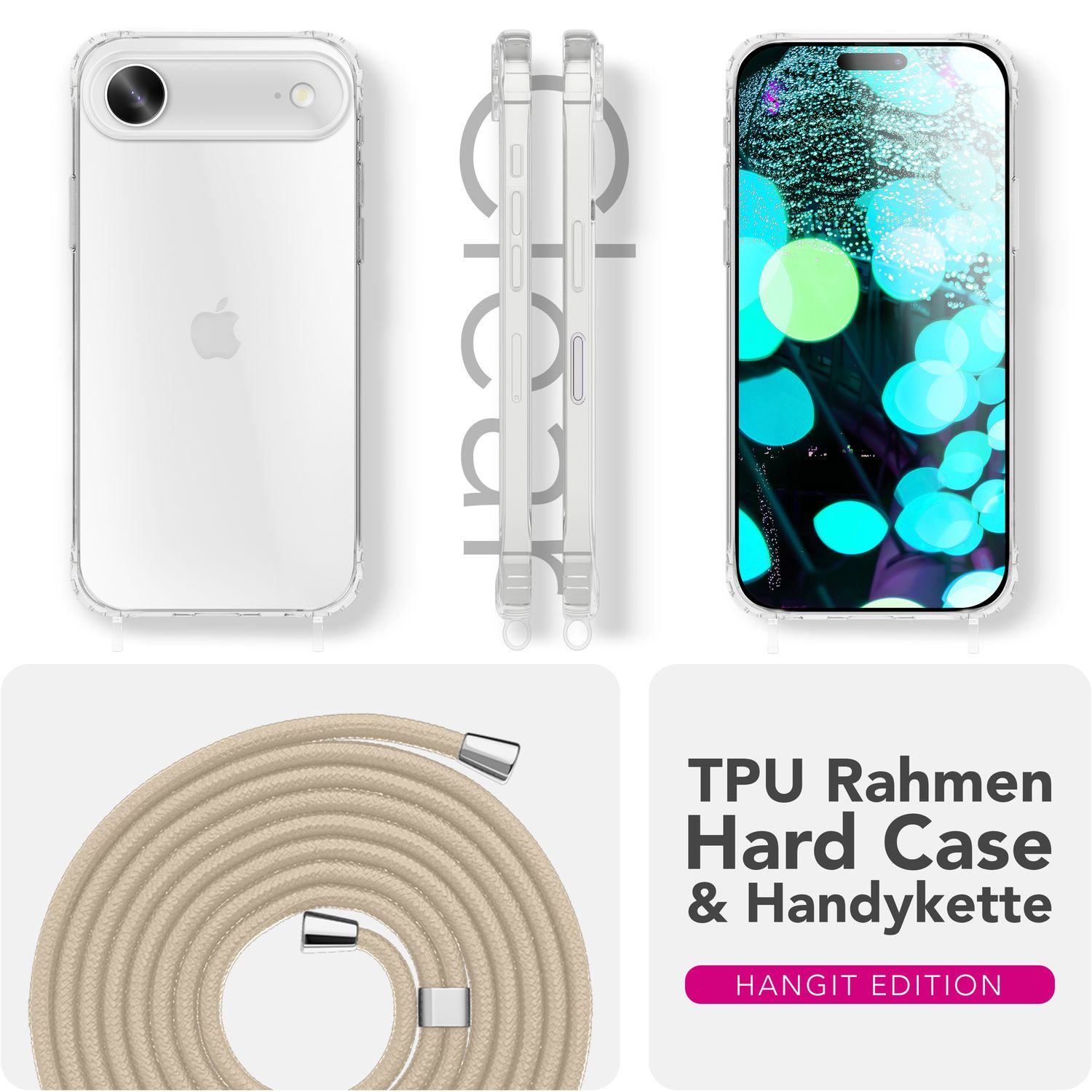 Klare Handyhülle mit beigem Kordelband. Das Telefon zeigt einen blauen und grünen Bokeh-Effekt. Text: TPU Hard Case & Handyette. Hangit Edition.
