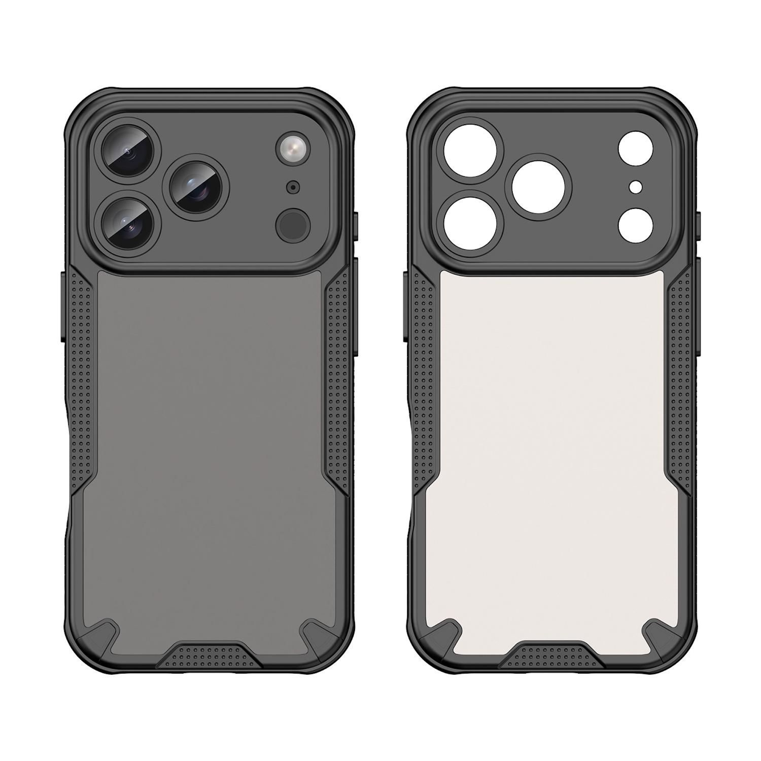 Dos fundas de teléfono, una gris y otra blanca. Cada una tiene recortes para la cámara y una sección inferior estampada. La gris tiene tres agujeros.