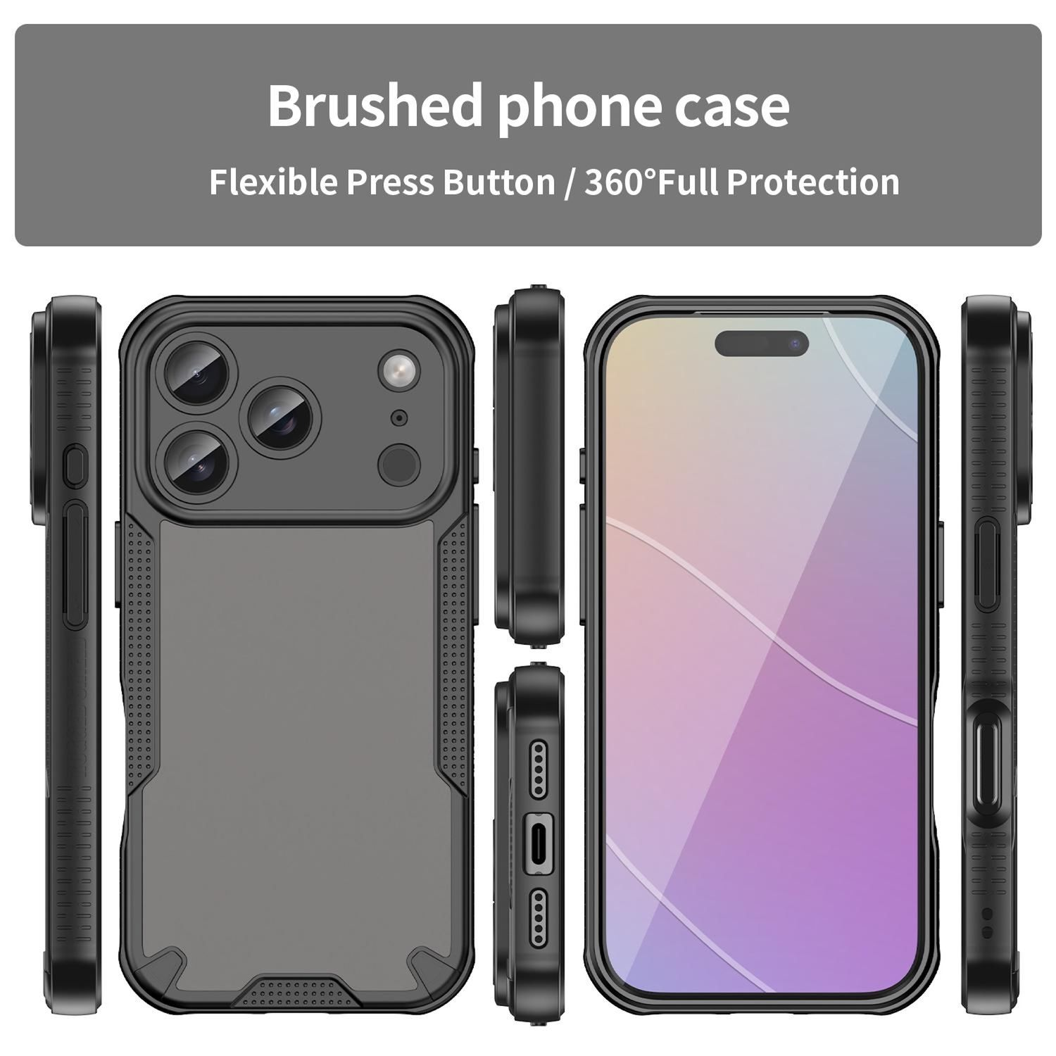 Una funda negra para teléfono con acabado cepillado, mostrada desde varios ángulos. Texto: 'Brushed phone case', 'Flexible Press Button'.