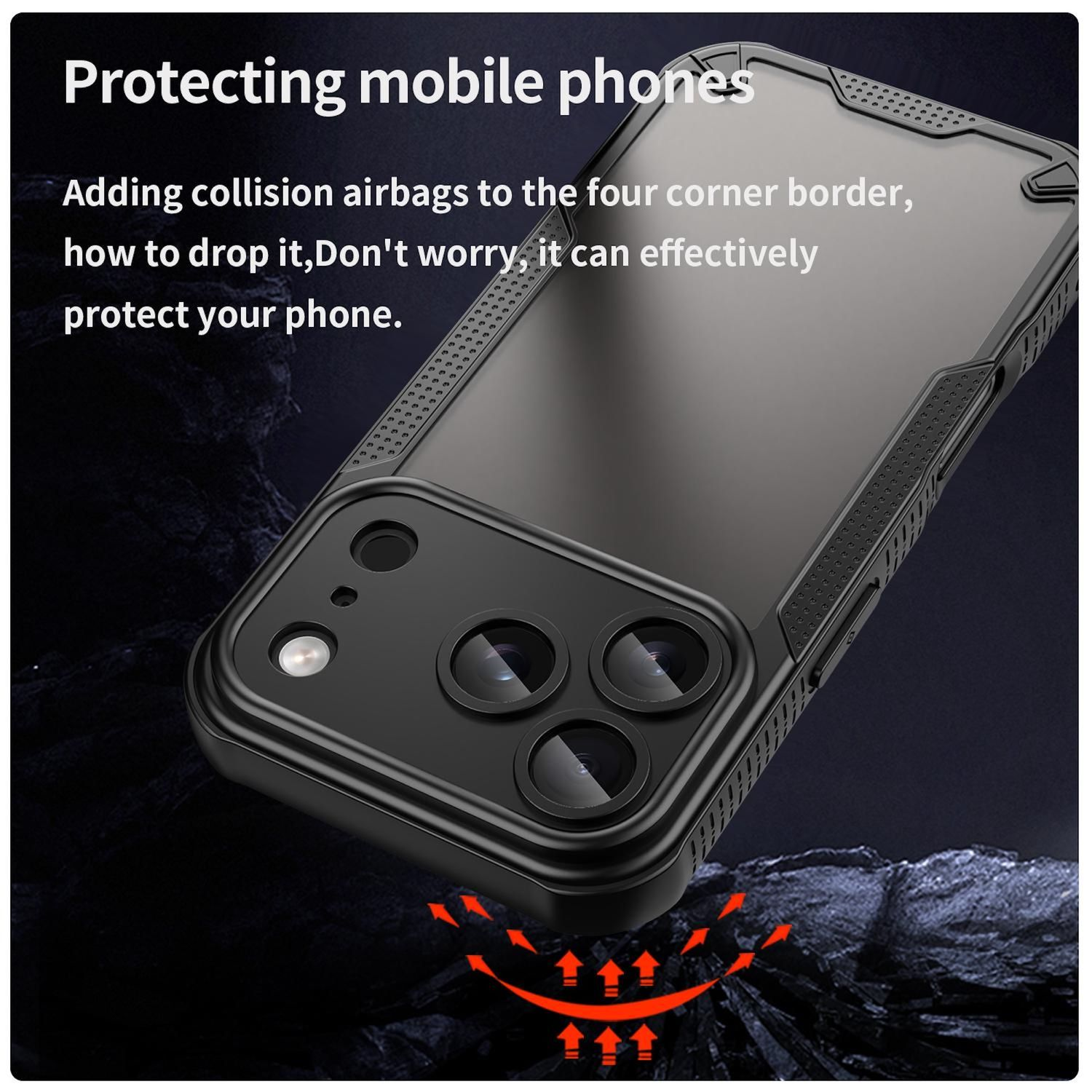 Funda negra para teléfono con recortes de cámara. Texto: 'Protección de teléfonos móviles'. Flechas rojas indican protección.